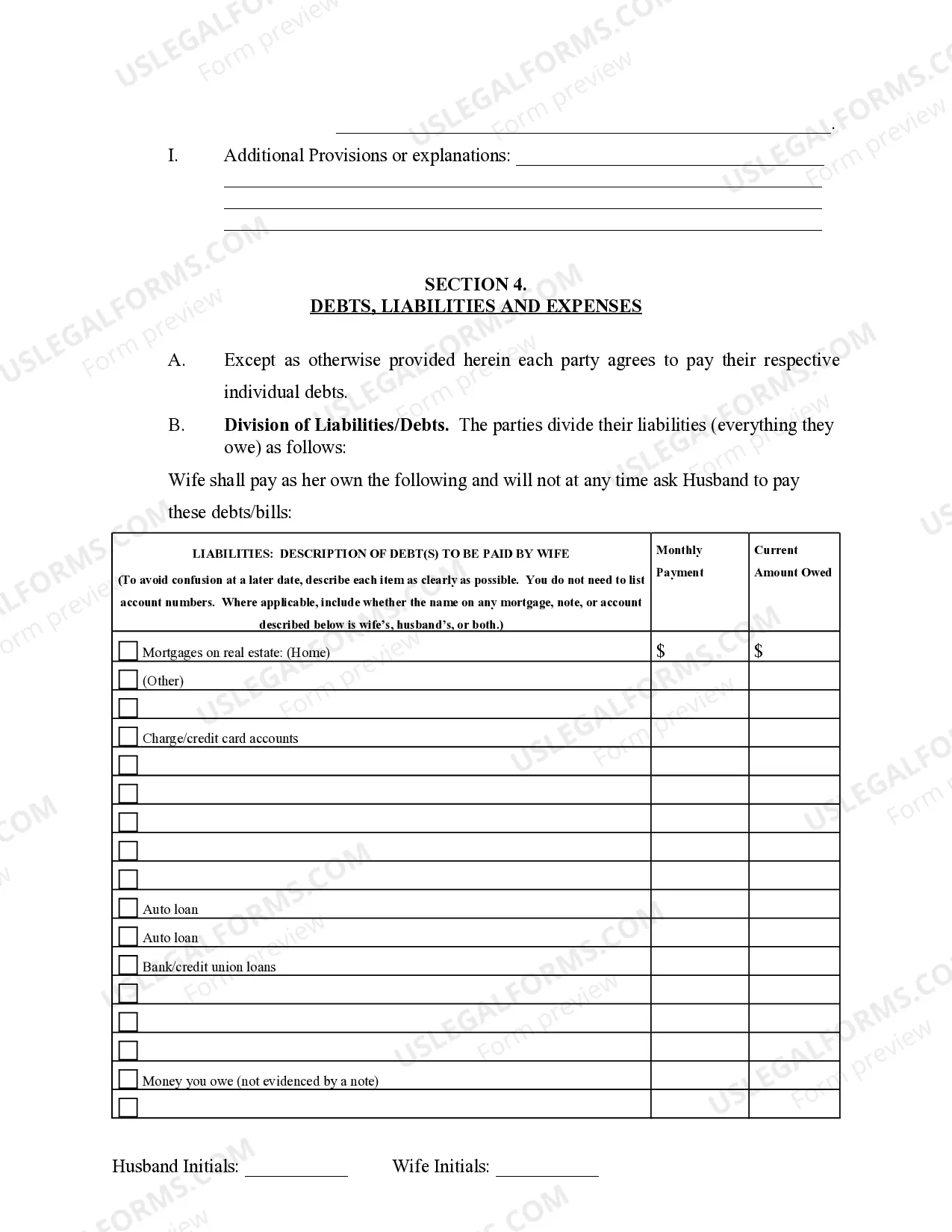 Preview Marital Legal Separation and Property Settlement Agreement no children parties may have Joint Property or Debts effective Immediately
