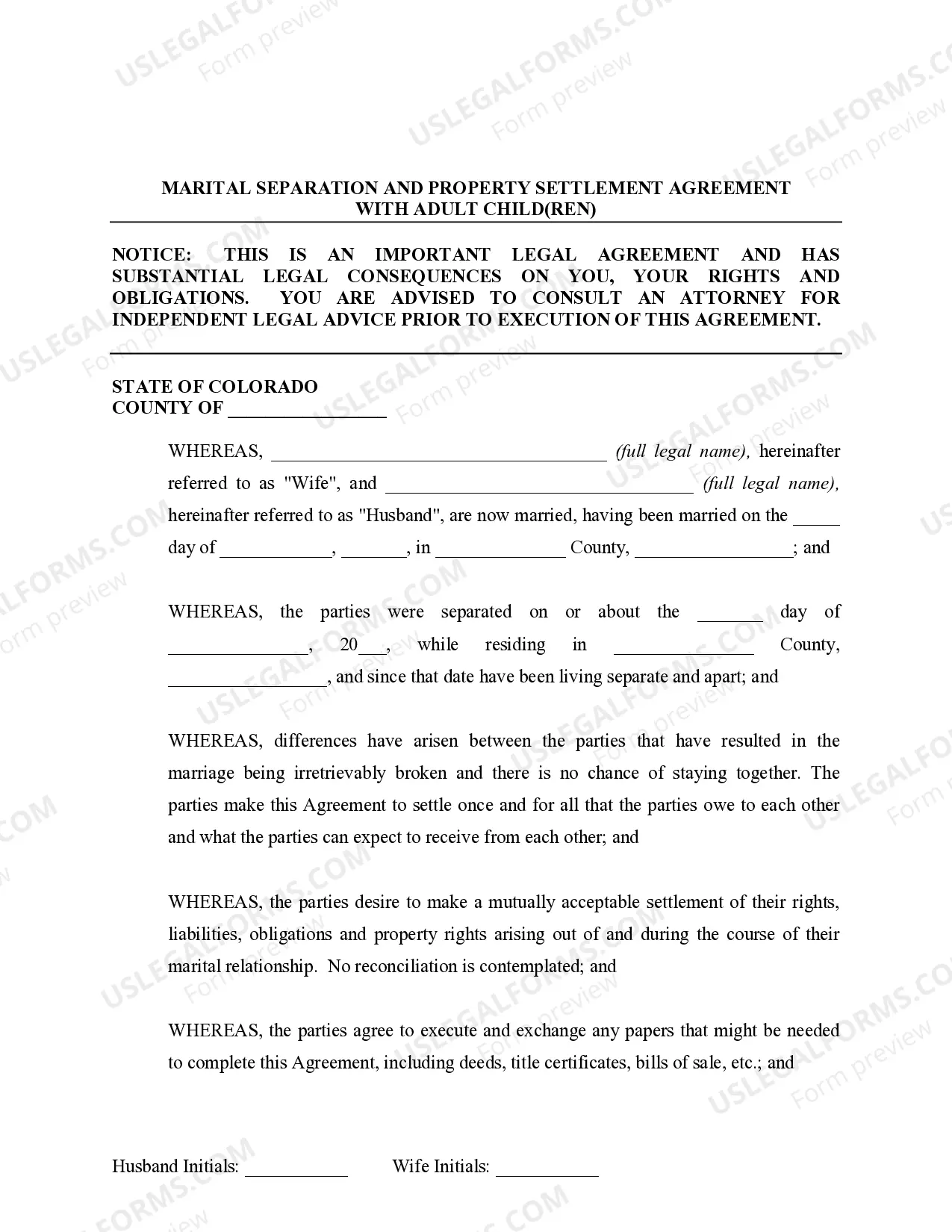 Preview Legal Separation and Property Settlement Agreement with Adult Children - Marital - Parties May have Joint Property or Debts - Divorce Action Filed