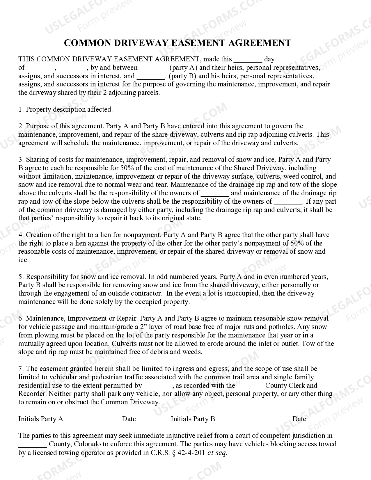 Colorado Common Driveway Easement Agreement US Legal Forms