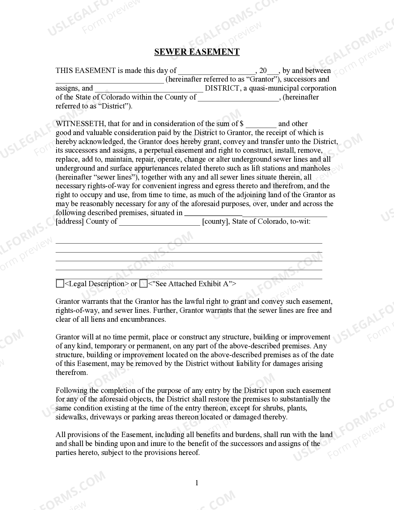 Colorado Sewer Easement Sewer Easement Agreement US Legal Forms