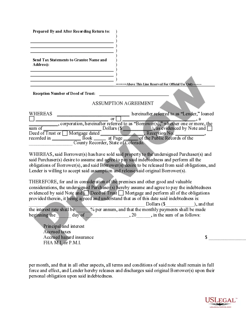 Preview Assumption Agreement of Deed of Trust and Release of Original Mortgagors