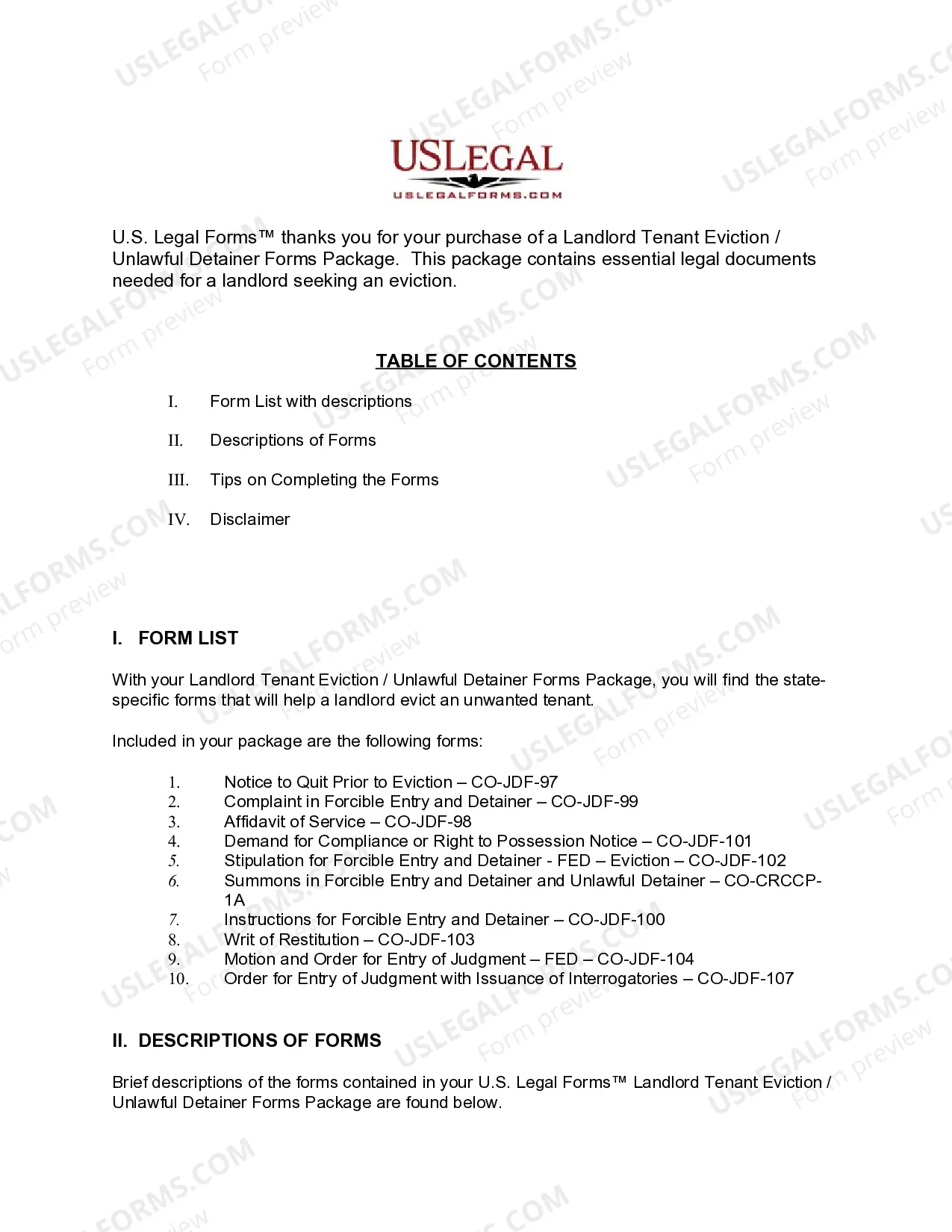 Preview Colorado Landlord Tenant Eviction / Unlawful Detainer Forms Package