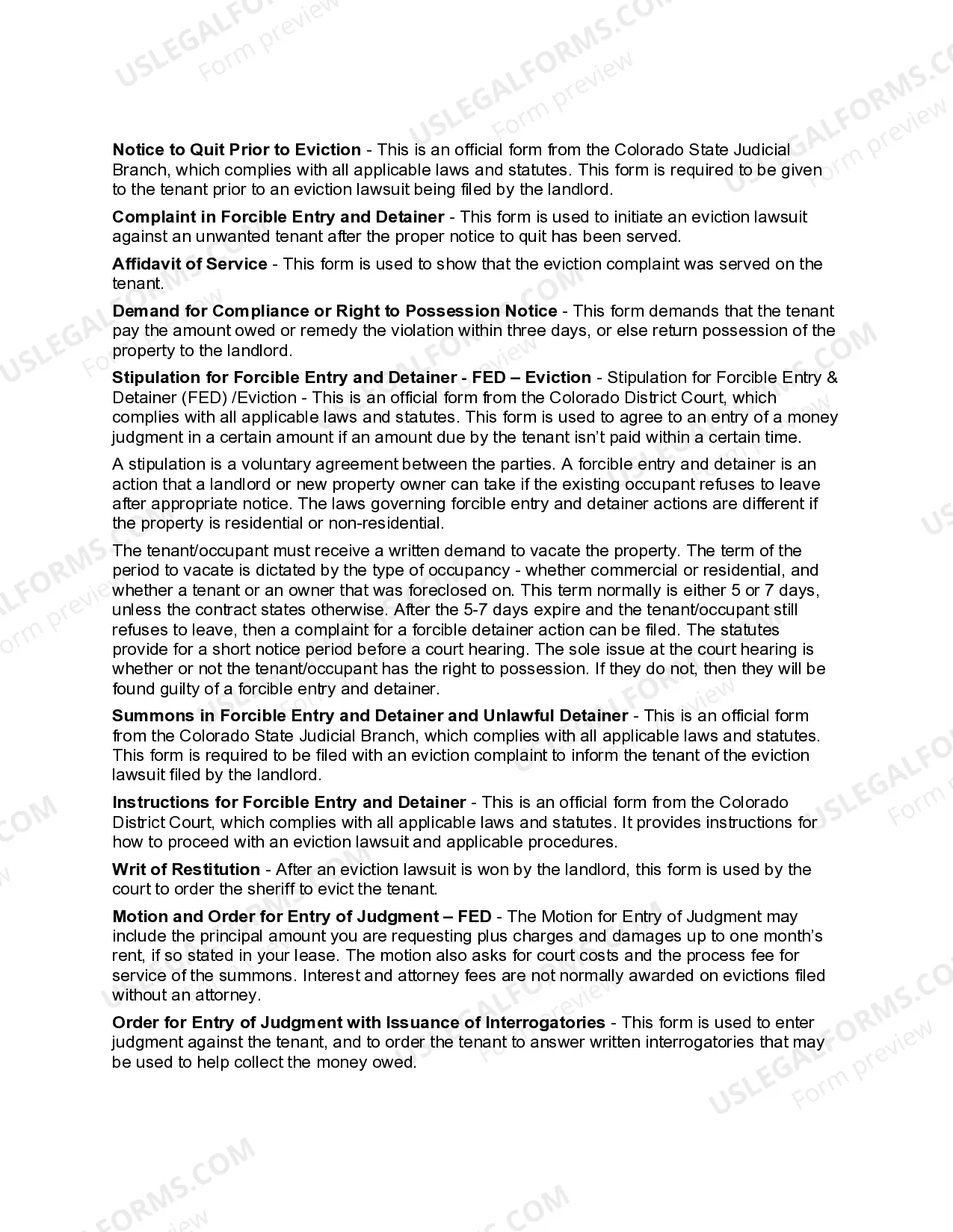 Preview Colorado Landlord Tenant Eviction / Unlawful Detainer Forms Package