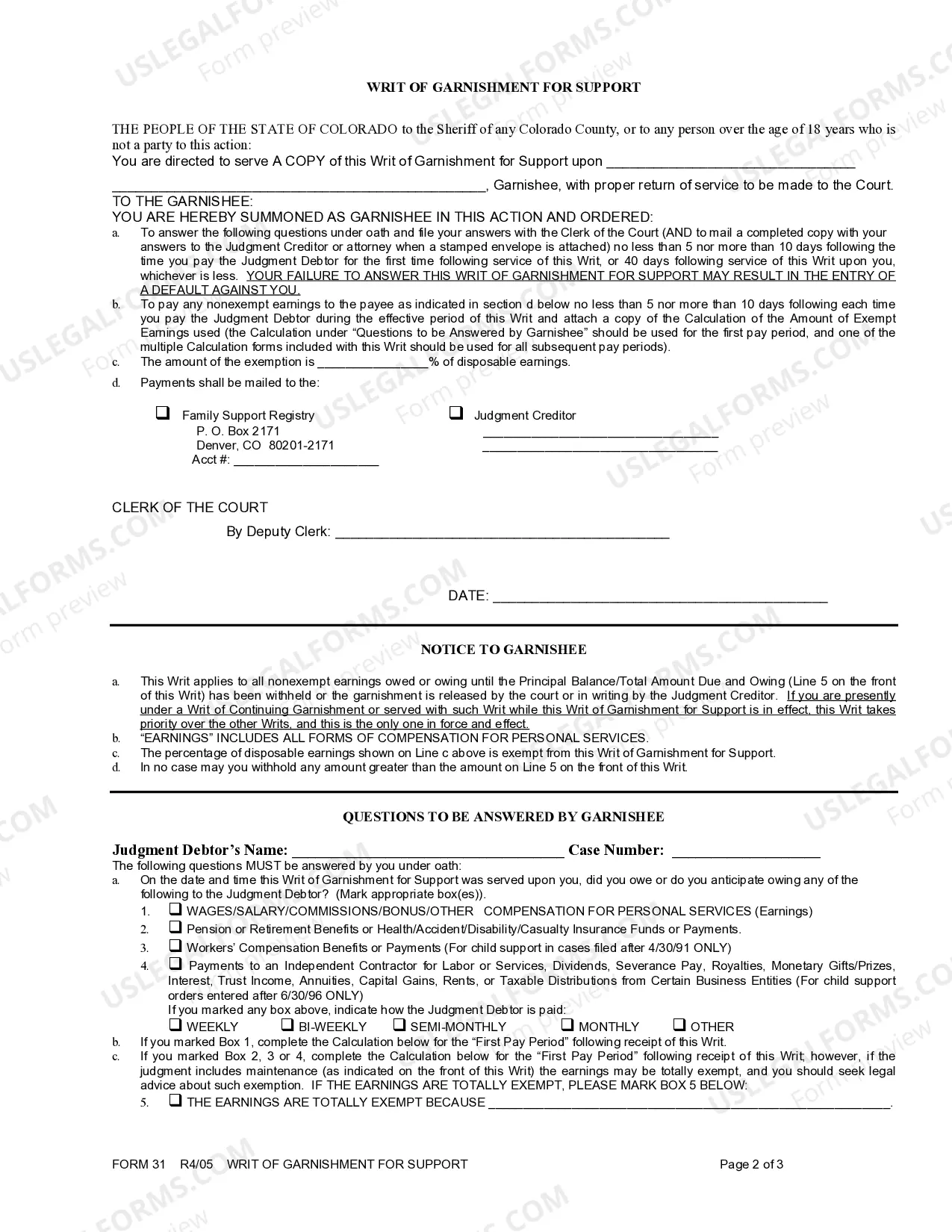 Preview Writ of Garnishment for Support
