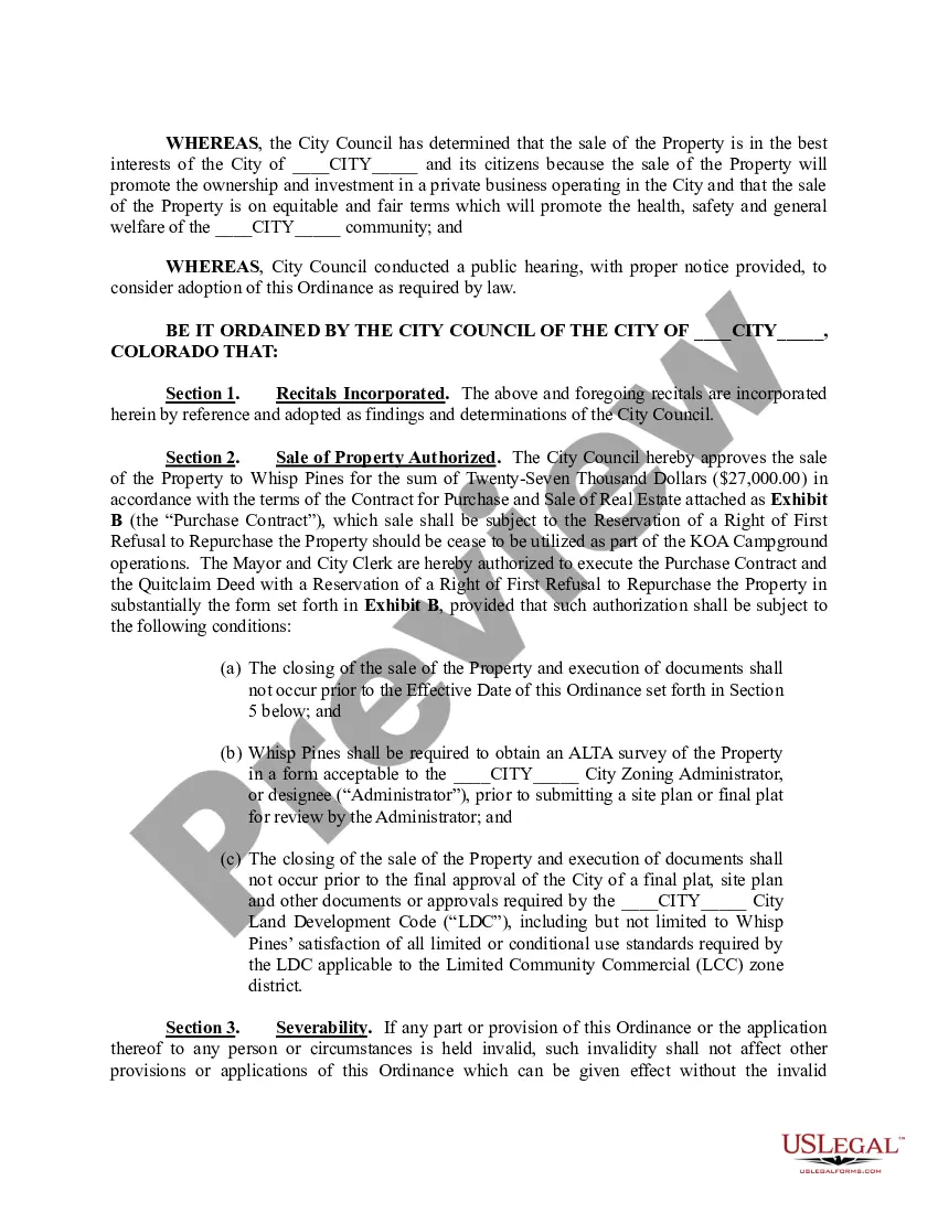 Preview Ordinance Authorizing the Sale and Transfer of City Owned Property