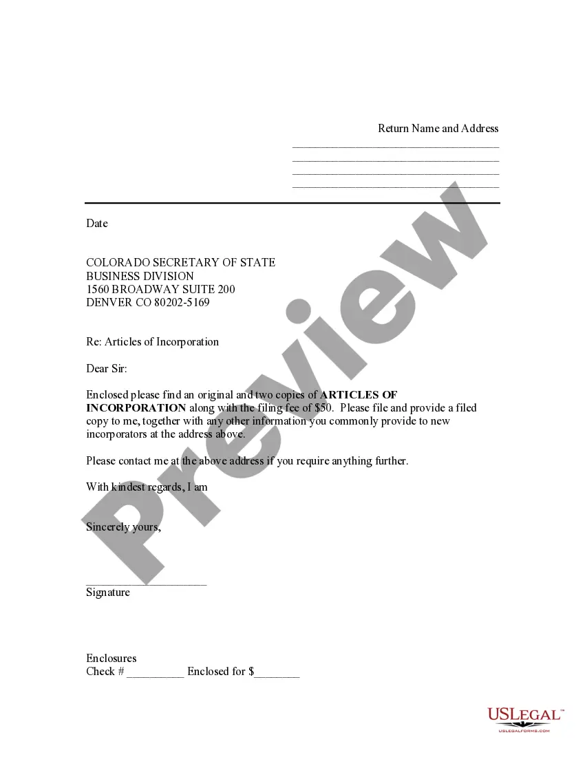 Preview Sample Transmittal Letter to Secretary of State's Office to File Articles of Incorporation