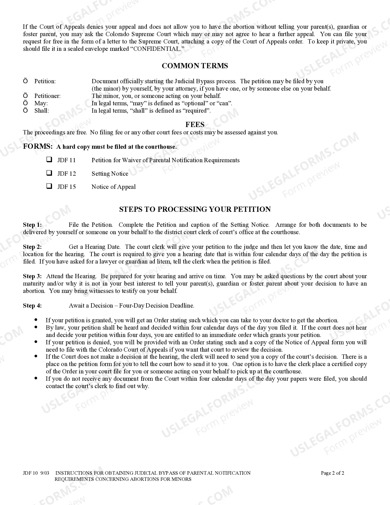 Preview Instructions for Obtaining Judicial Bypass of Parental Notification Requirements Concerning Abortions for Minors