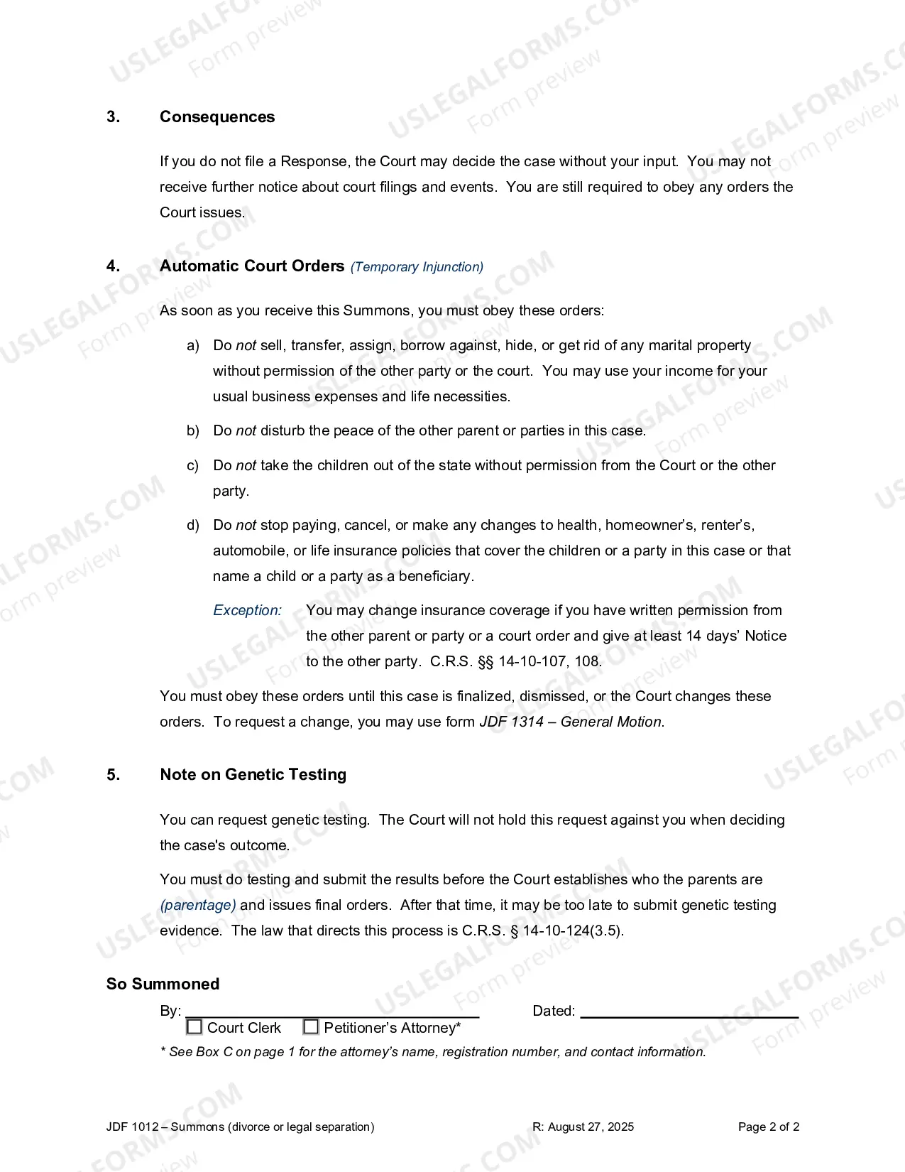 Preview Summons - Divorce or Legal Separation