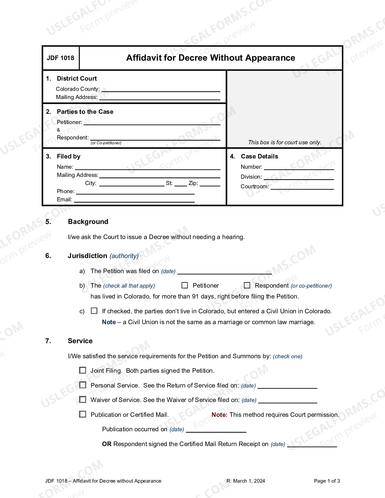 Preview Affidavit for Decree Without Appearance