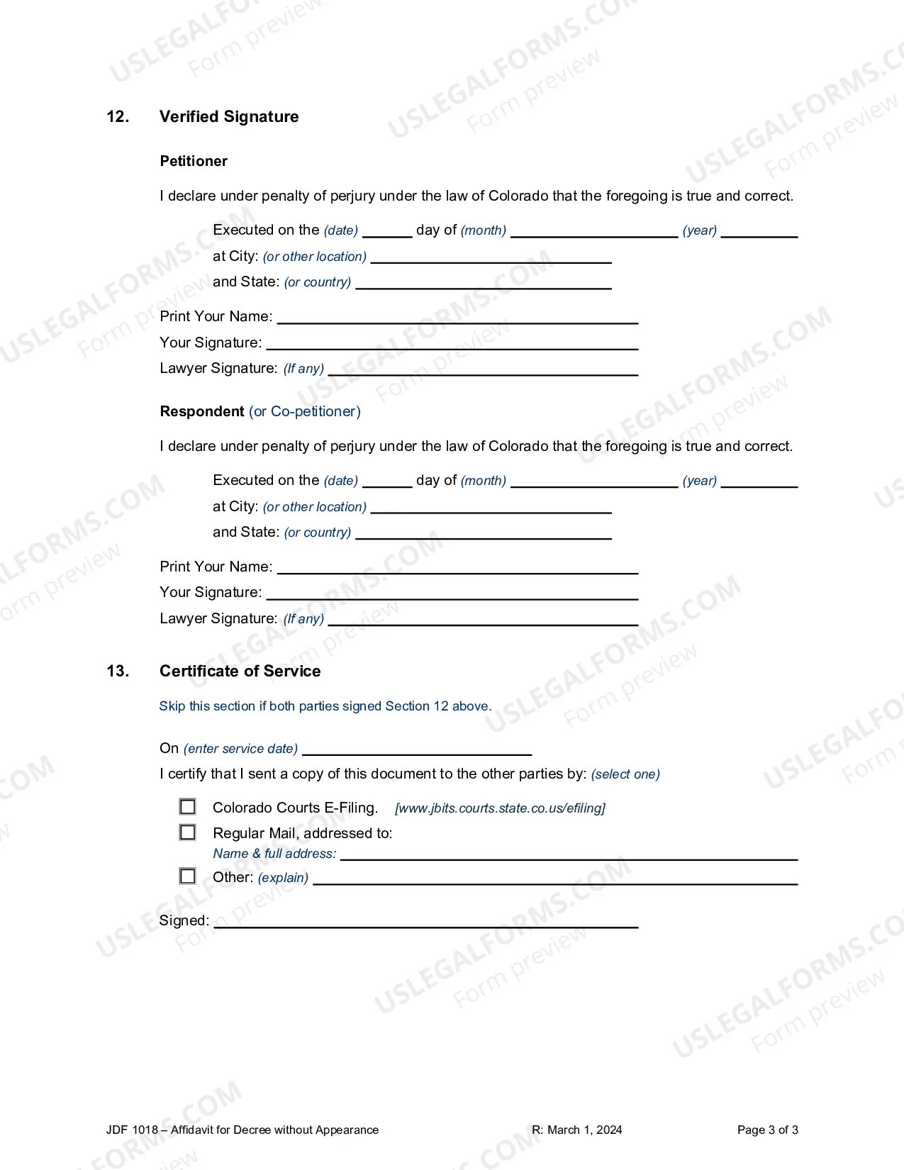 Preview Affidavit for Decree Without Appearance