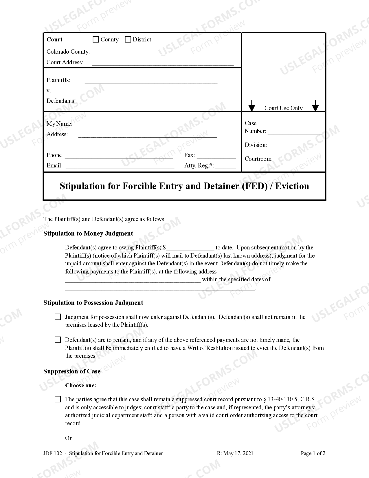 Colorado Stipulation For Forcible Entry And Detainer FED Forcible 
