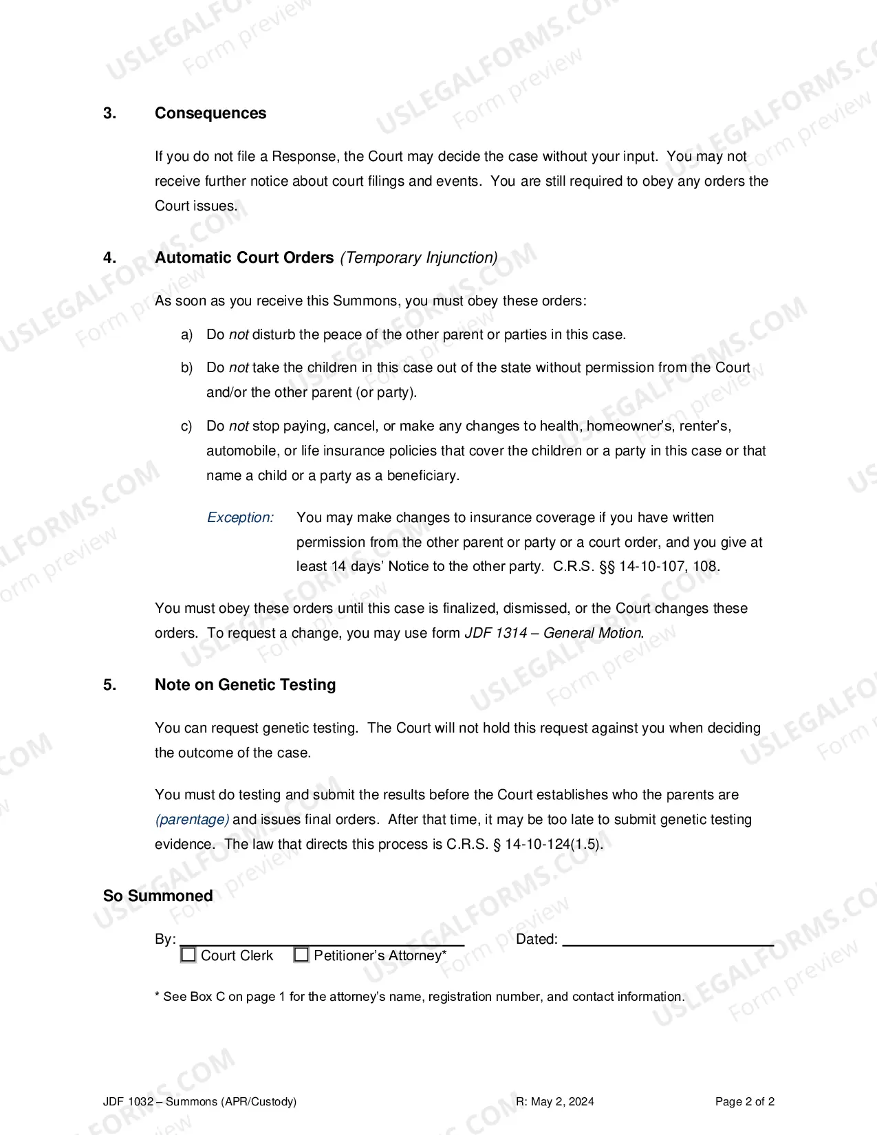 Preview Summons - Custody