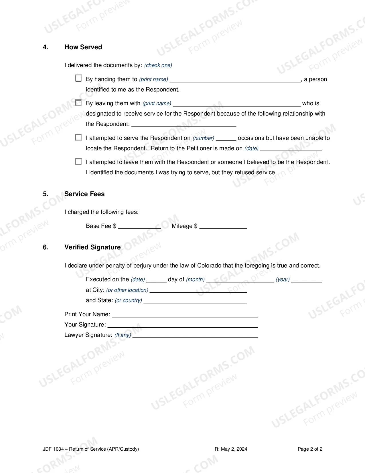 Preview Return of Service - Custody