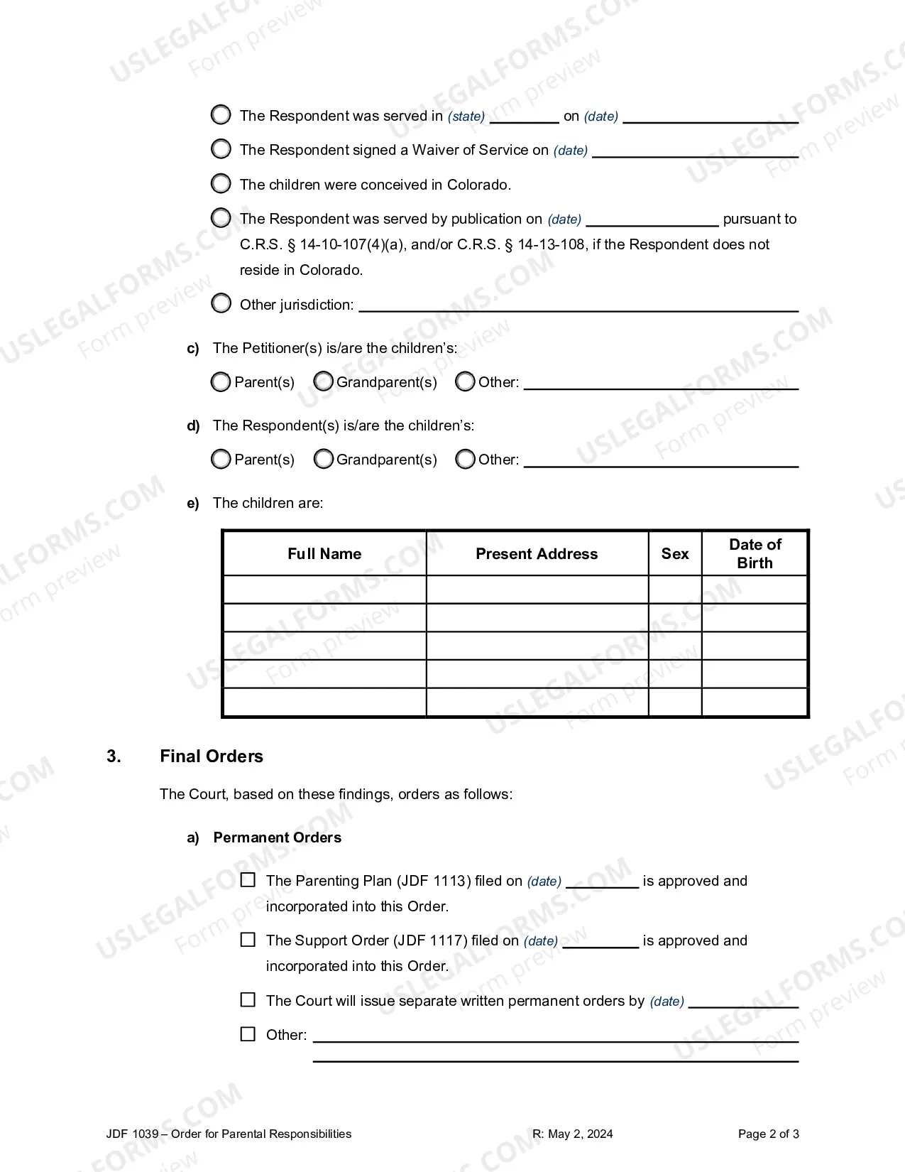 Preview Order for Parental Responsibilities - Custody
