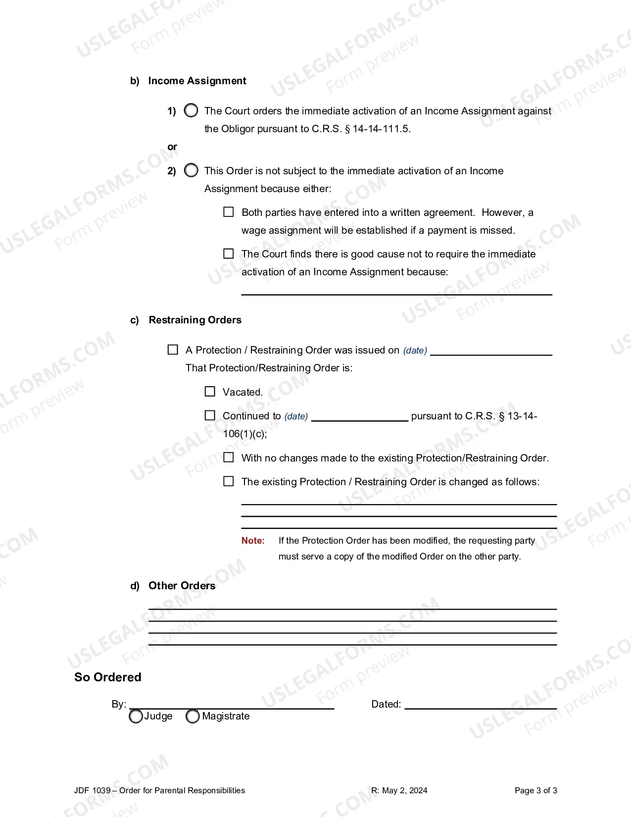 Preview Order for Parental Responsibilities - Custody