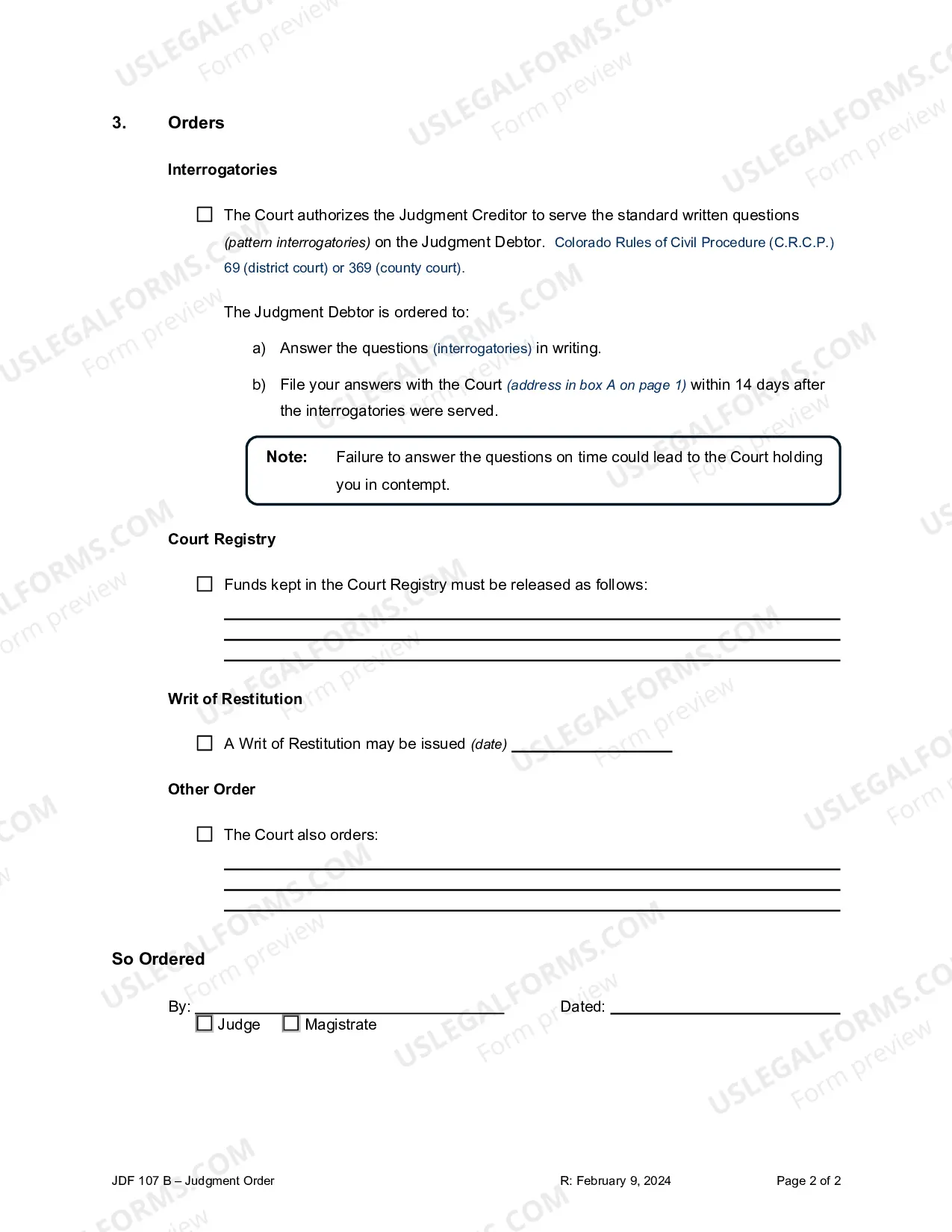 Preview Judgment Order and Issuance of Interrogatories
