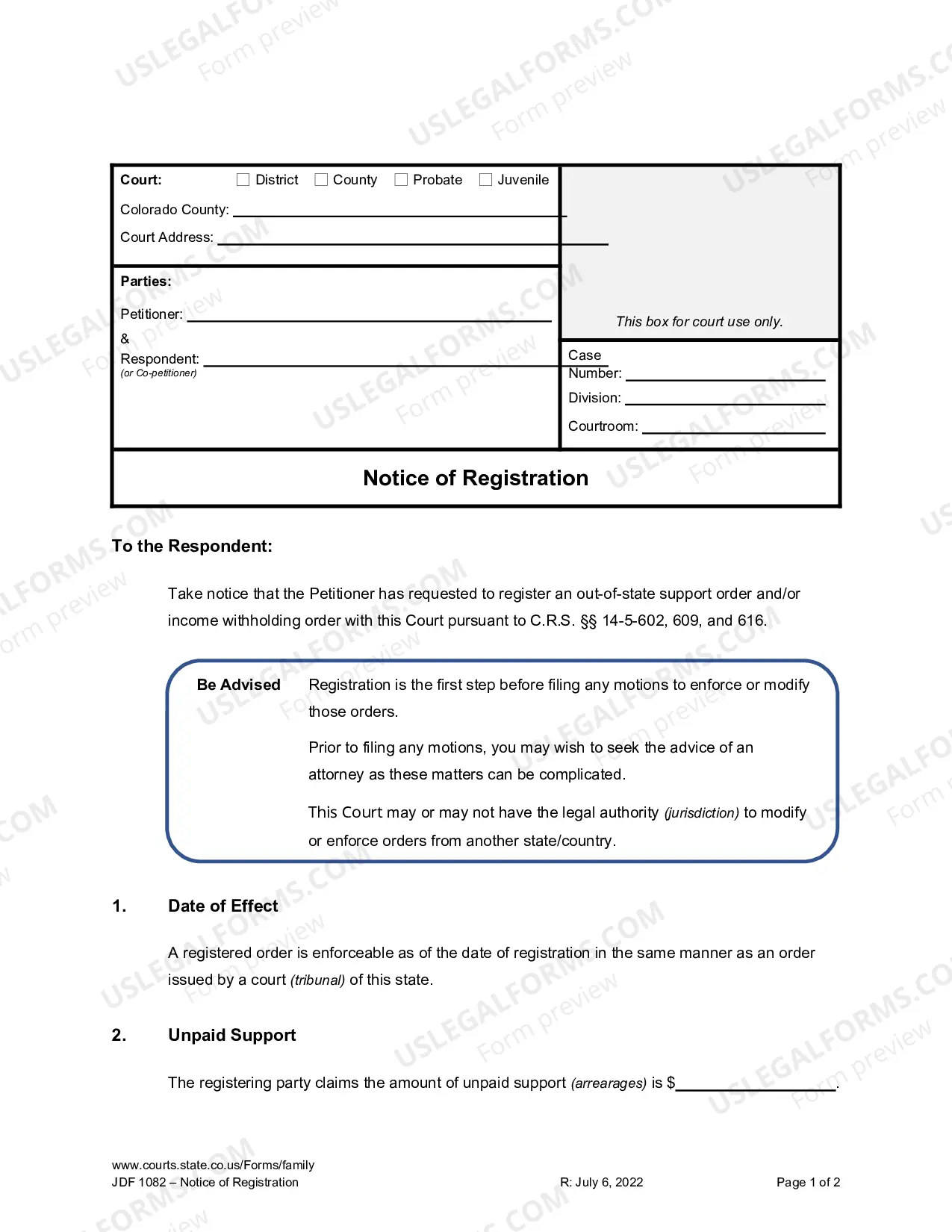 Preview Notice of Registration - Support Order