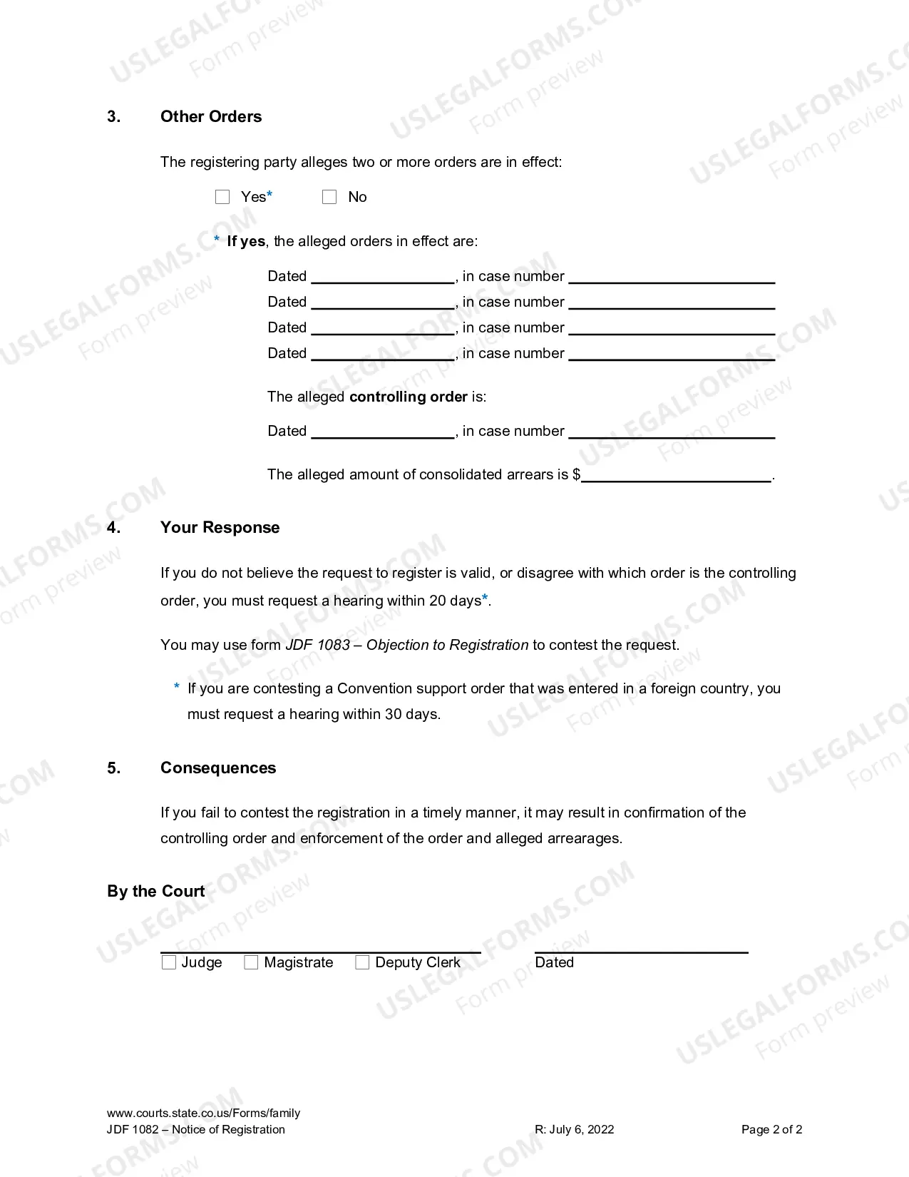 Preview Notice of Registration - Support Order