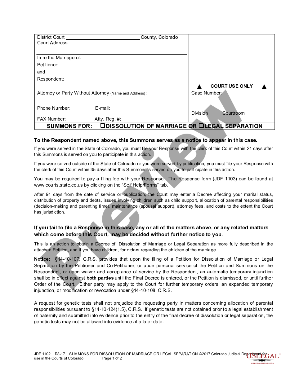page 0 Summons for Dissolution of Marriage or Legal Separation and Temporary Injunction preview