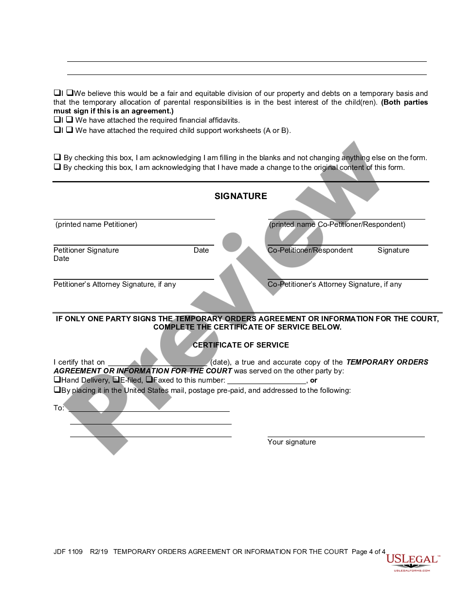 form Temporary Orders Agreement or Information for the Court for Temporary Order Hearing preview
