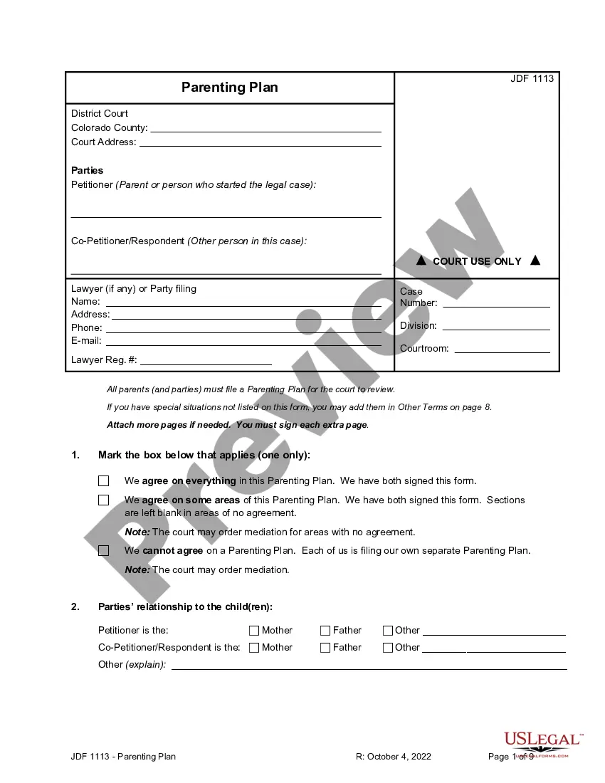 Thornton Colorado Parenting Plan - Jdf 1113 | US Legal Forms