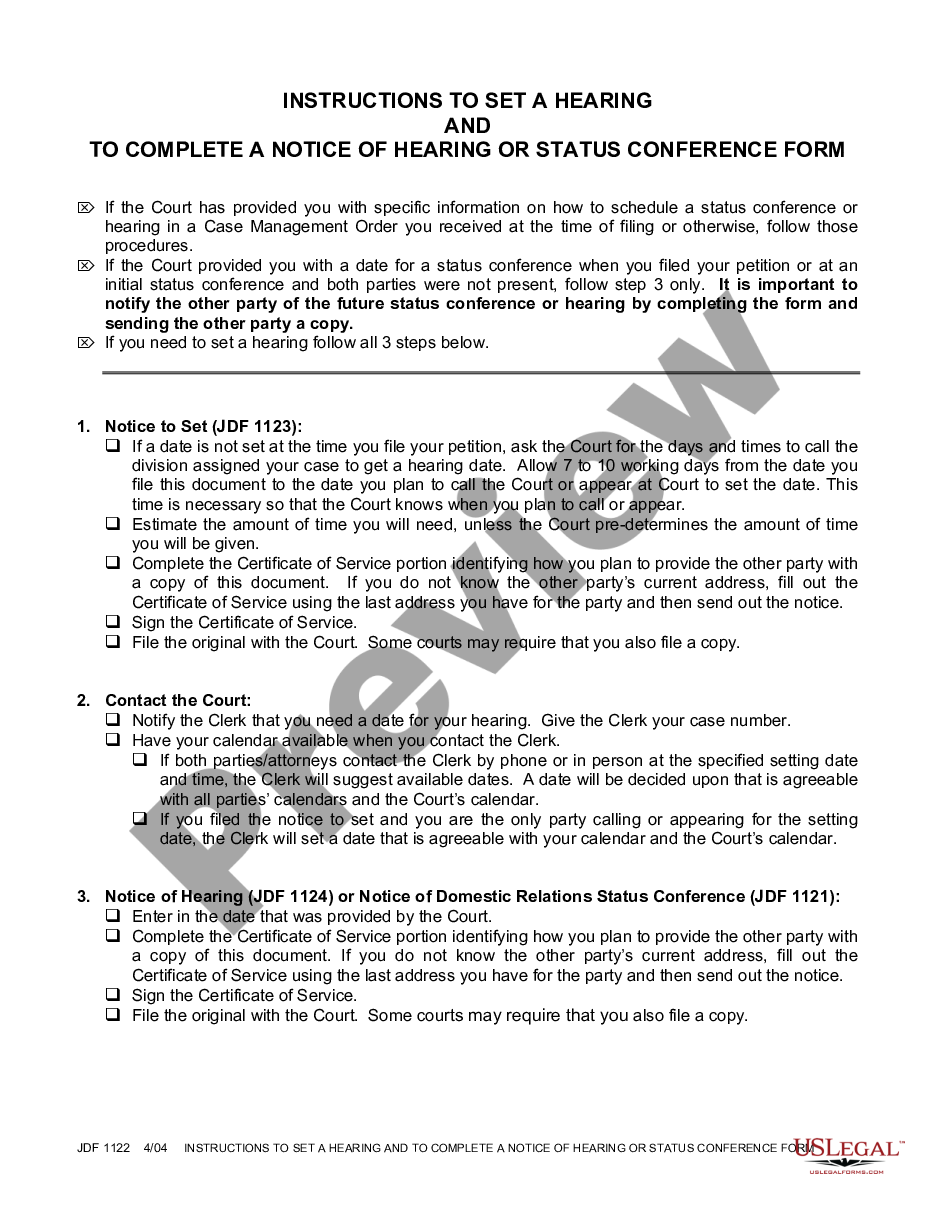 Colorado Instructions To Set A Hearing And To Complete A Notice Of Hearing Or Status Conference 0111
