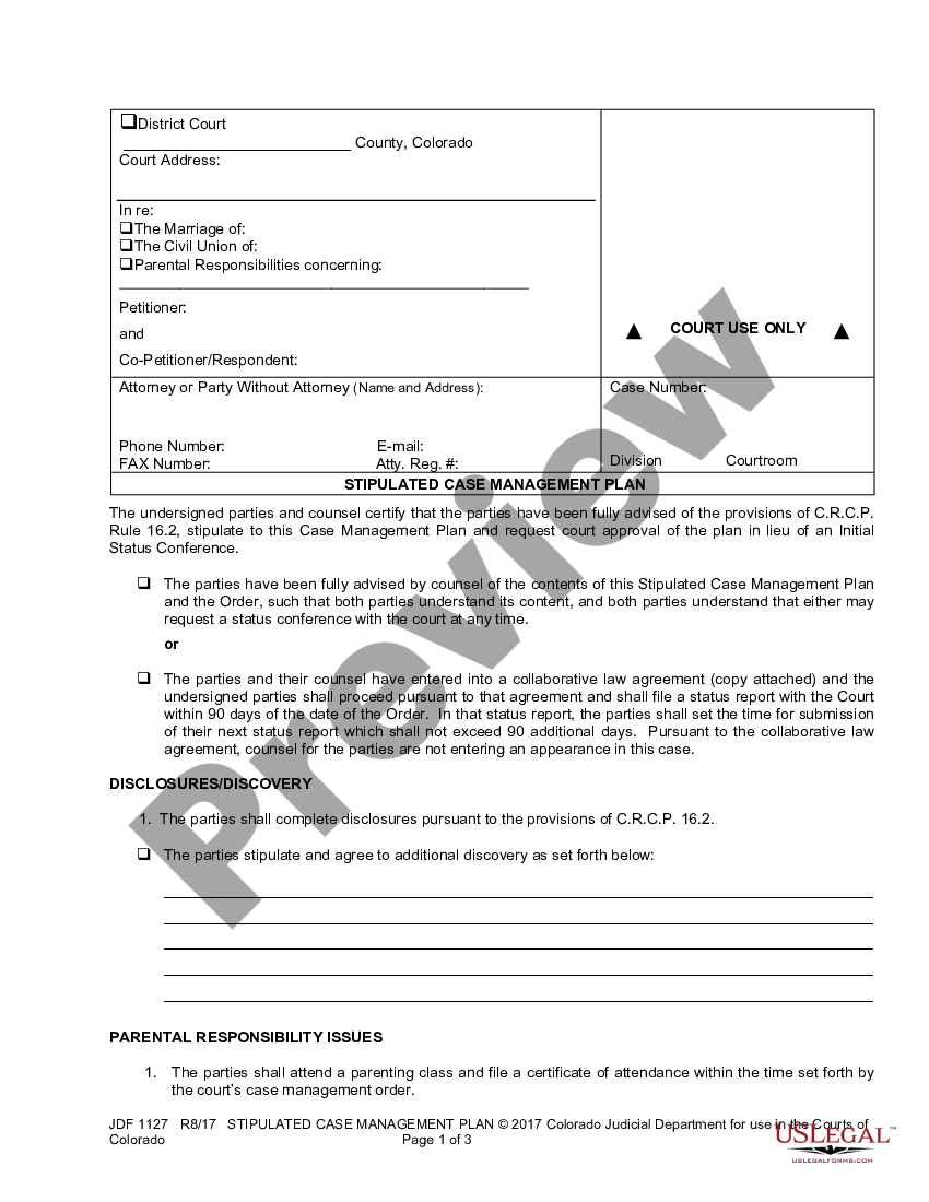 Colorado Stipulated Case Management Plan - Joint Trial Management