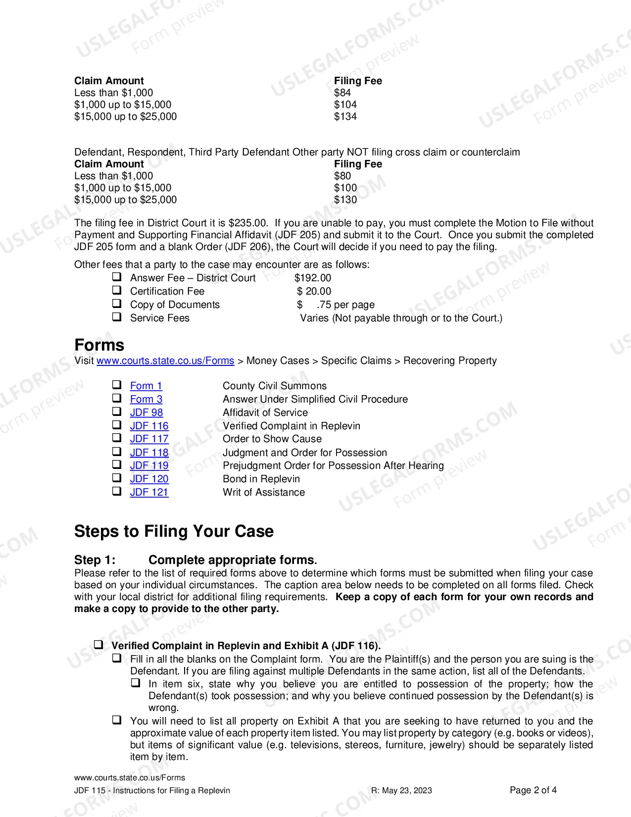 Preview Instructions for Replevin or Repossession