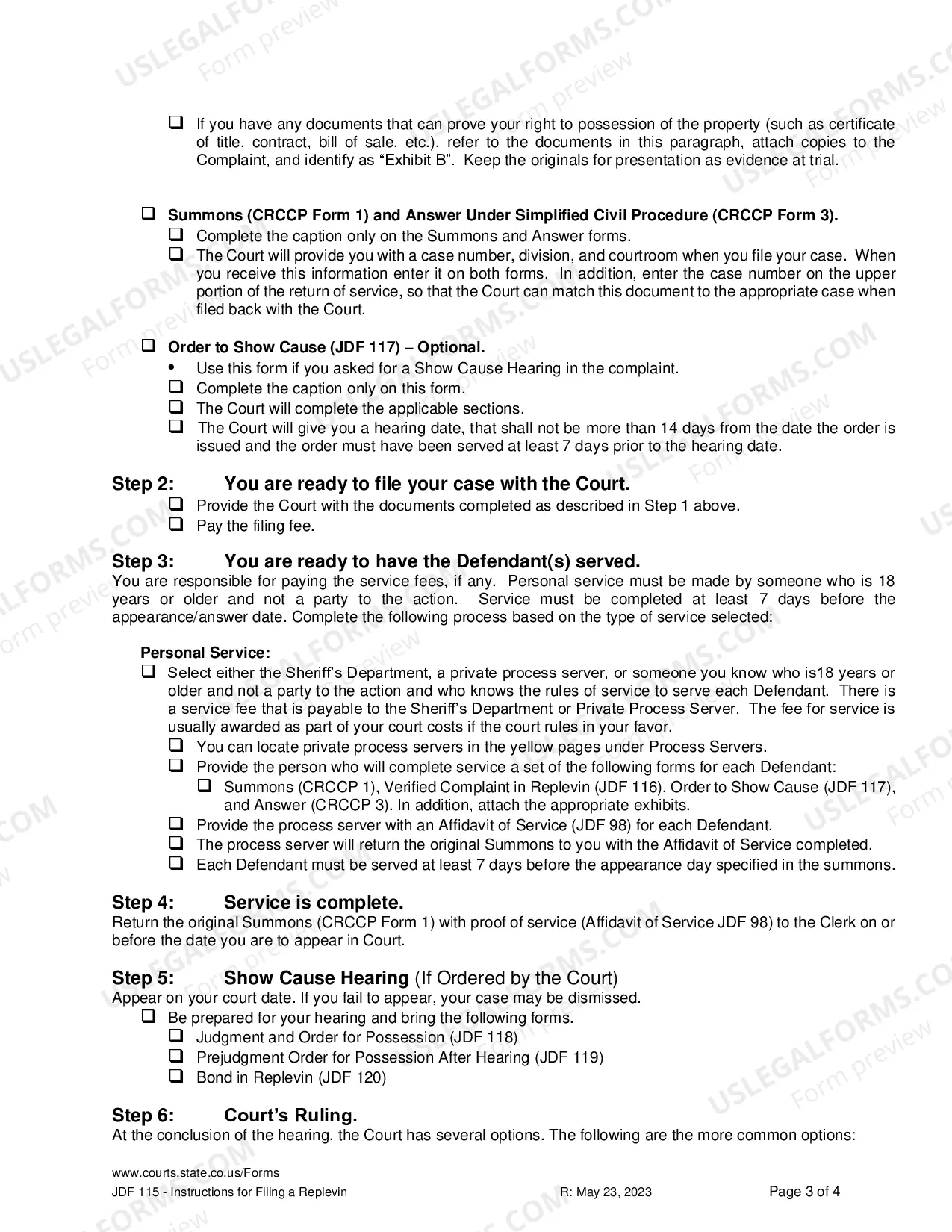 Preview Instructions for Replevin or Repossession