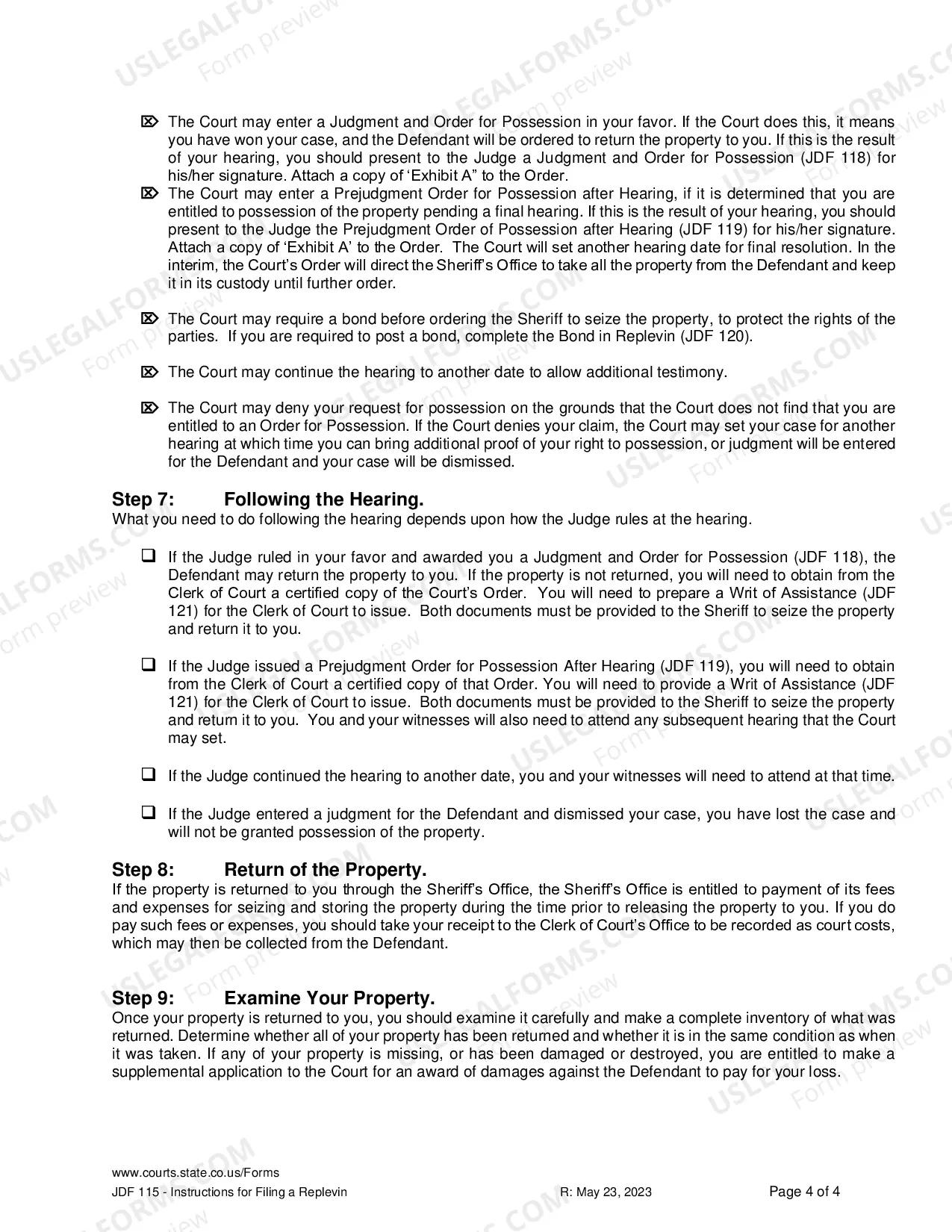 Preview Instructions for Replevin or Repossession