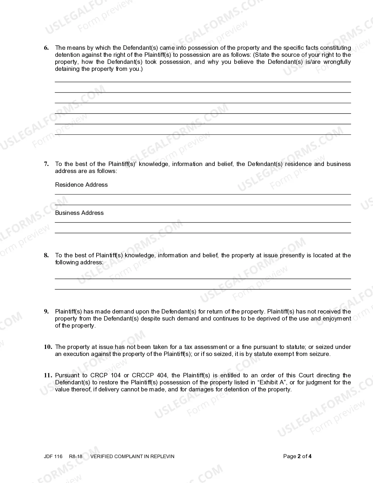 Preview Verified Complaint in Replevin or Repossession