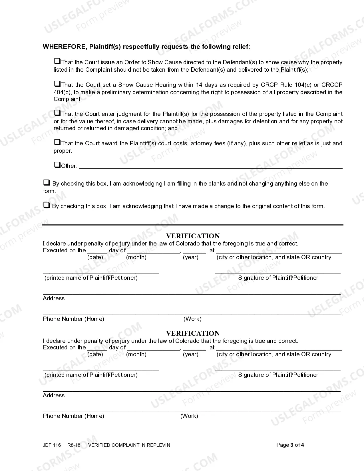 Preview Verified Complaint in Replevin or Repossession