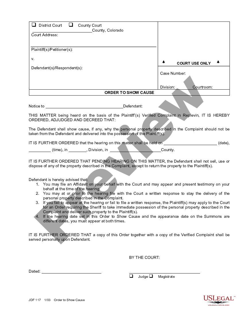 Colorado Order to Show Cause - Colorado Jdf Forms | US Legal Forms