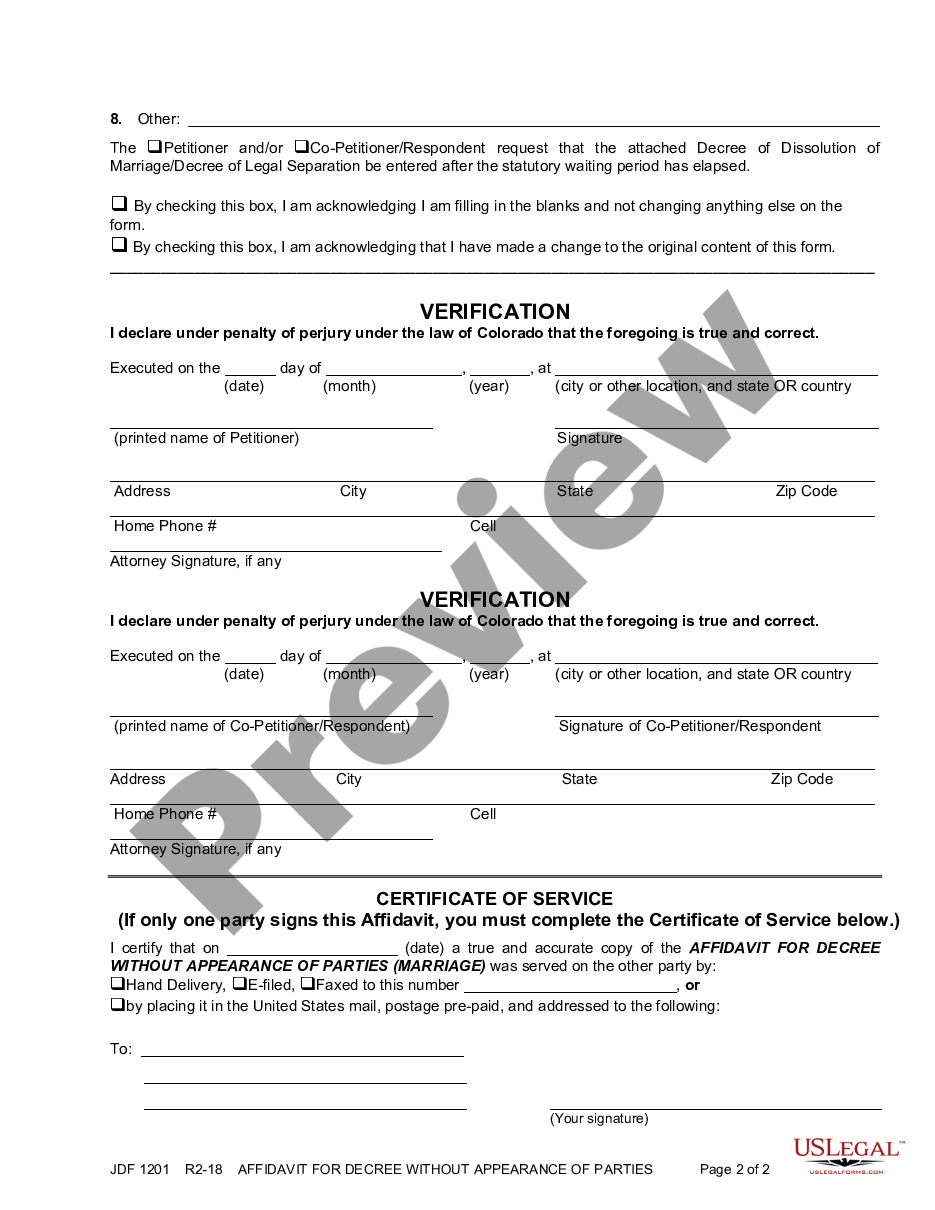 Colorado Affidavit for Decree Without Appearance of