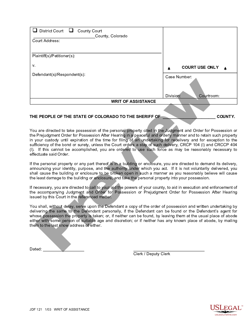 Colorado Writ of Assistance - Writ Of Assistance | US Legal Forms