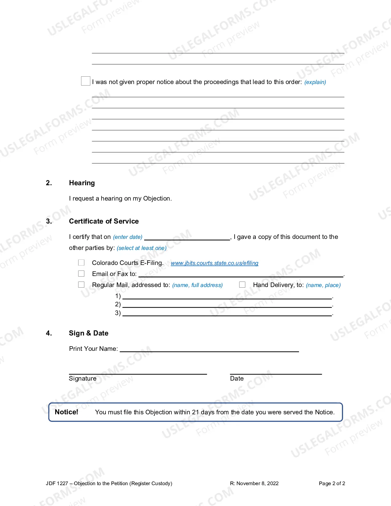 Preview Objection to the Petition - Register a Custody Order