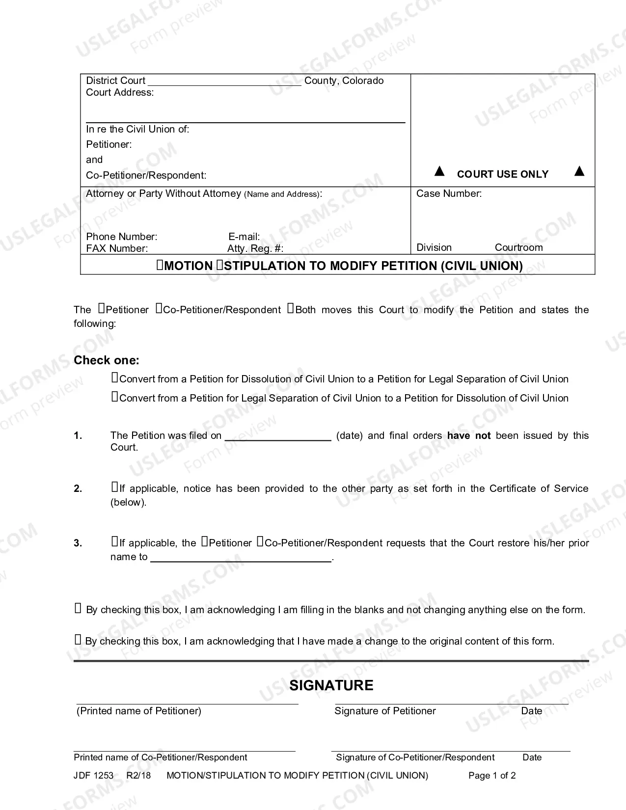 Preview Motion or Stipulation to Modify Petition - Civil Union