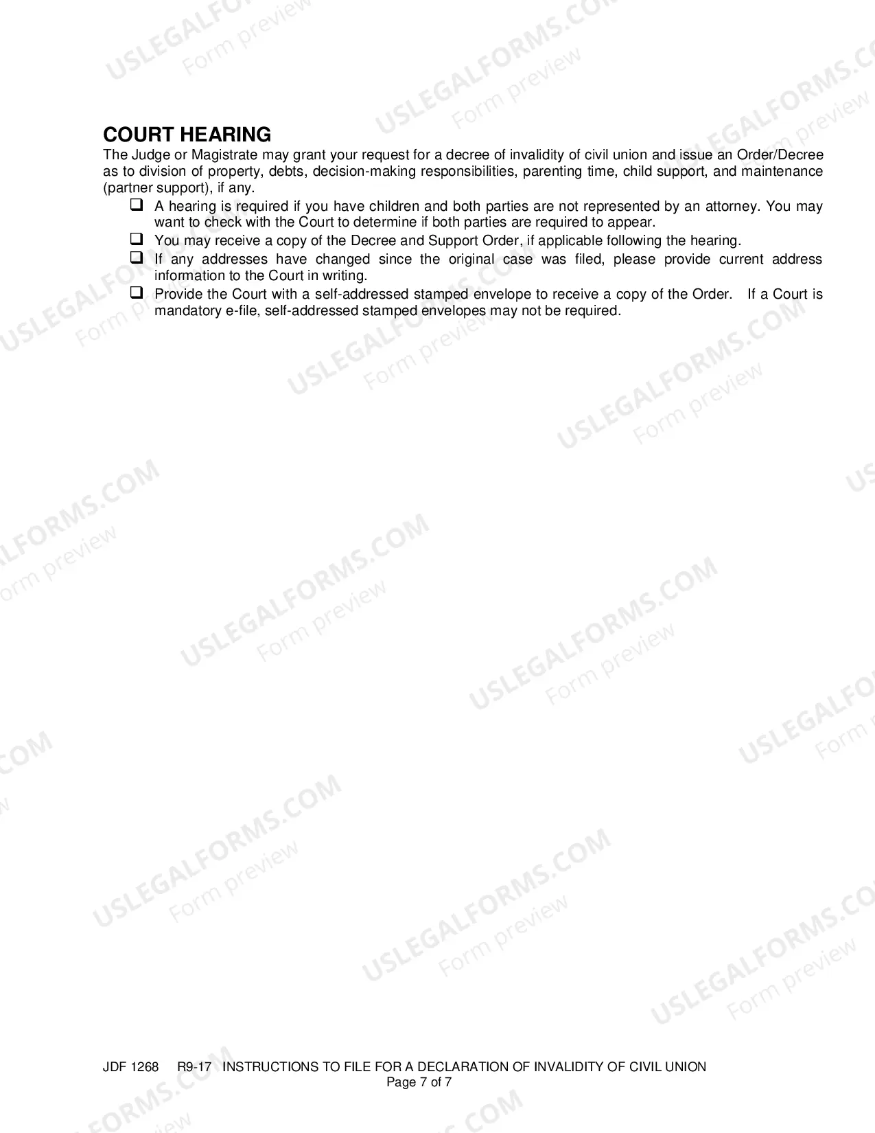 Preview Instructions to File for a Declaration of Invalidity of Civil Union - Annulment