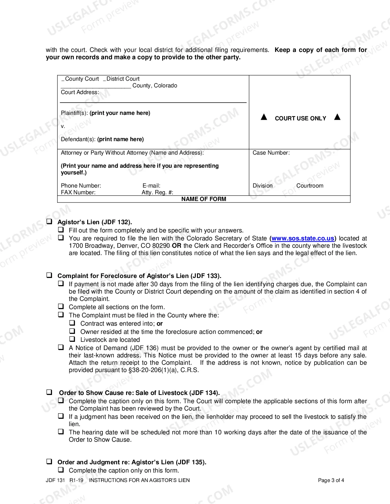 Preview Instructions for an Agistor's Lien