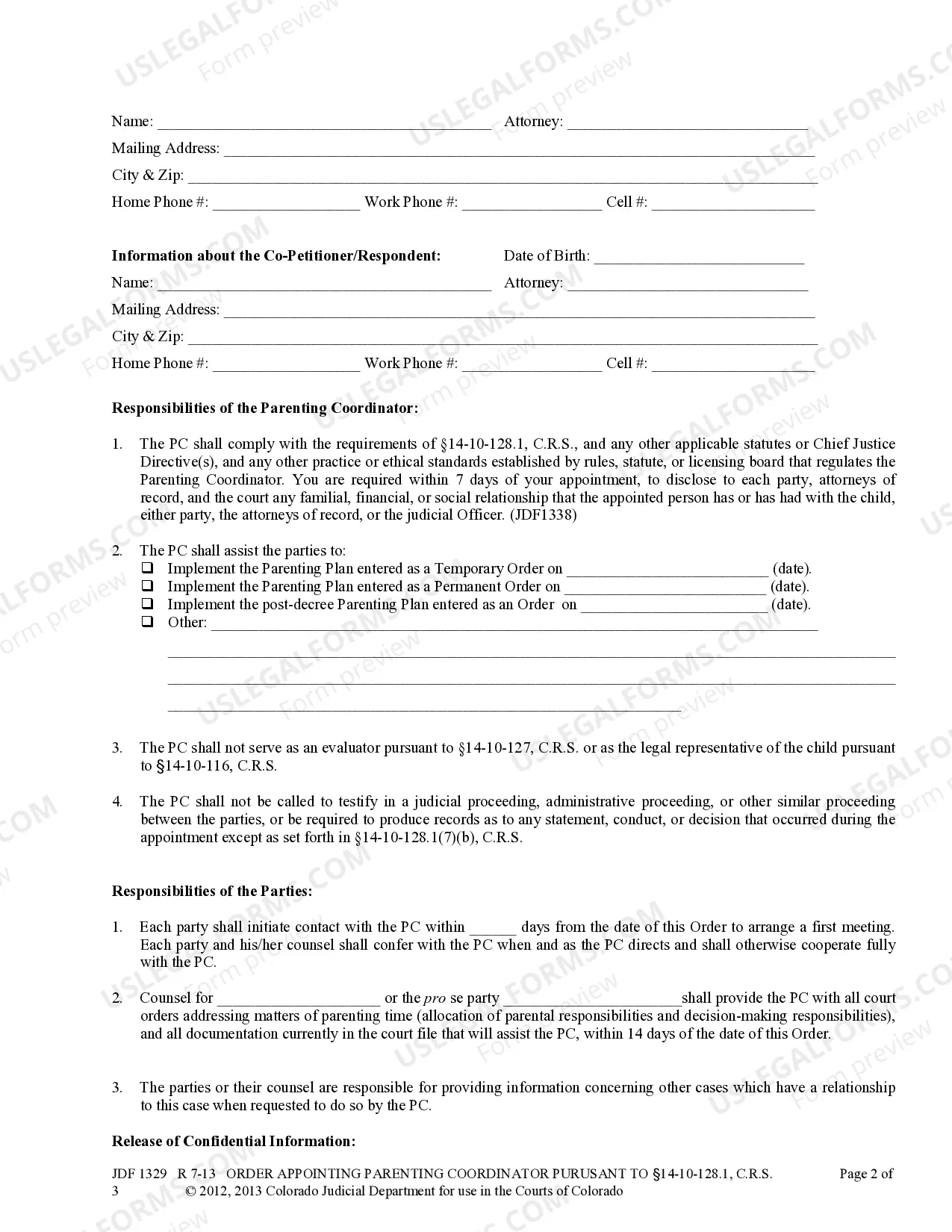 Preview Order Appointing Parenting Coordinator Pursuant to Section 14-10-128.1, C.R.S.