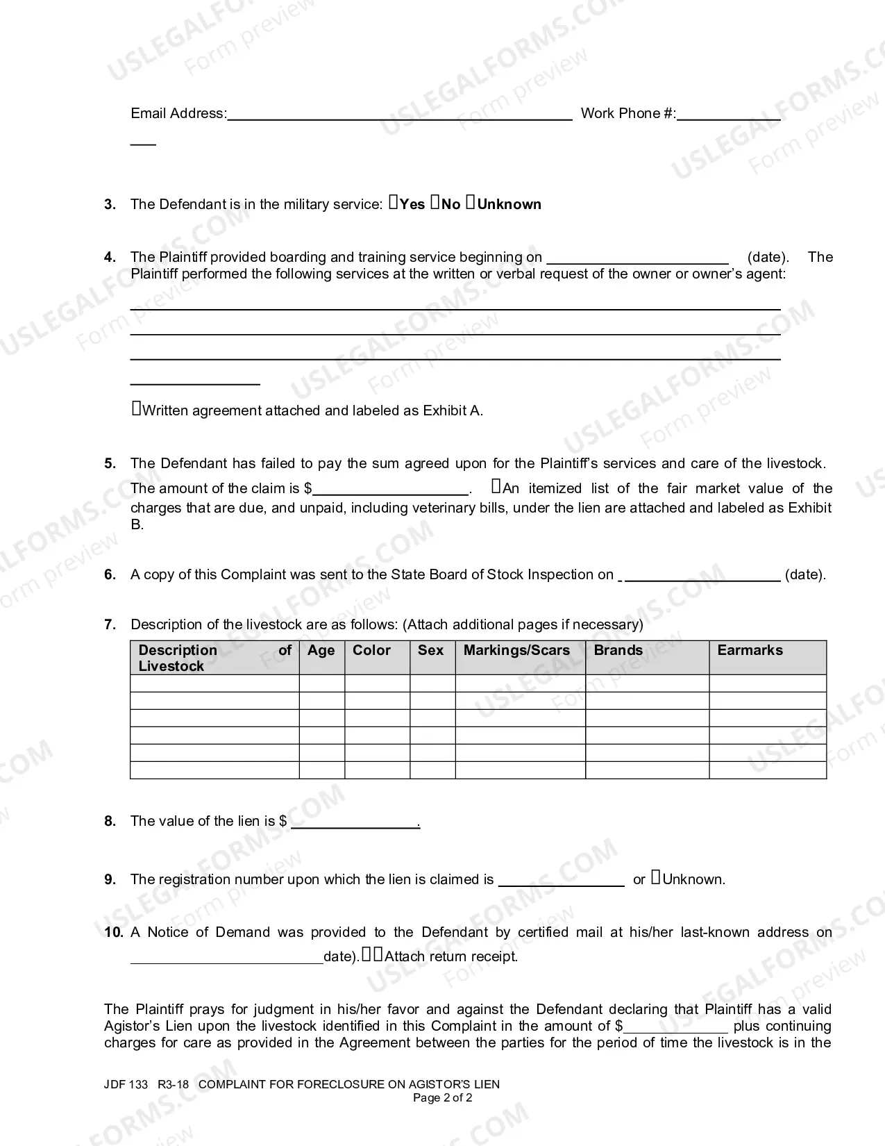 Preview Complaint for Foreclosure on Agistor's Lien