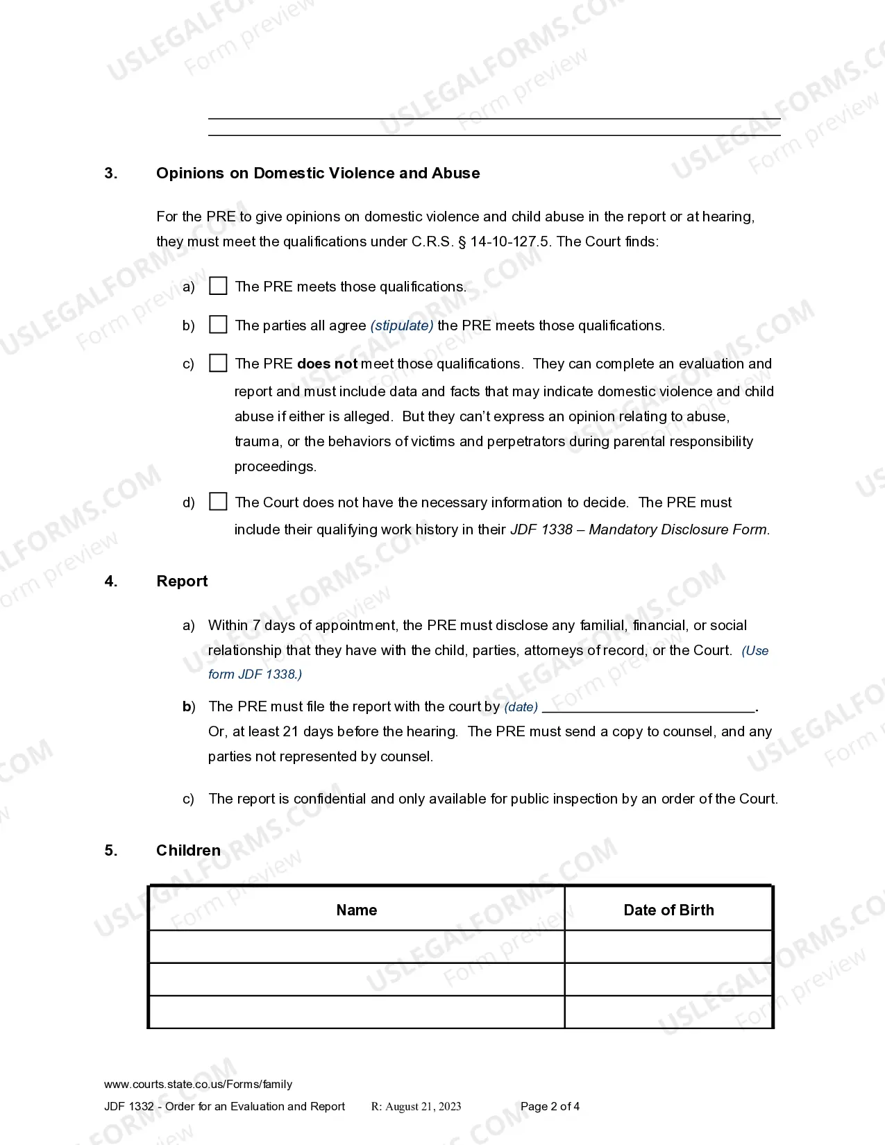Preview Order for an Evaluation and Report Pursuant to 14-10-127, C.R.S.