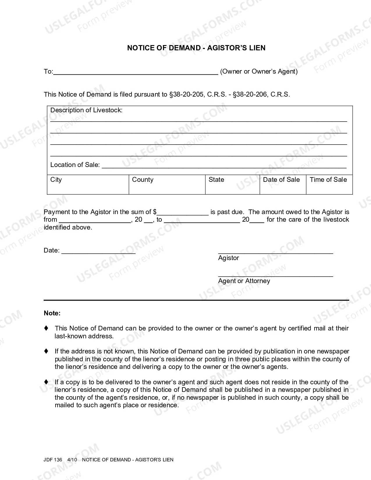 Preview Notice of Demand - Agistor's Lien