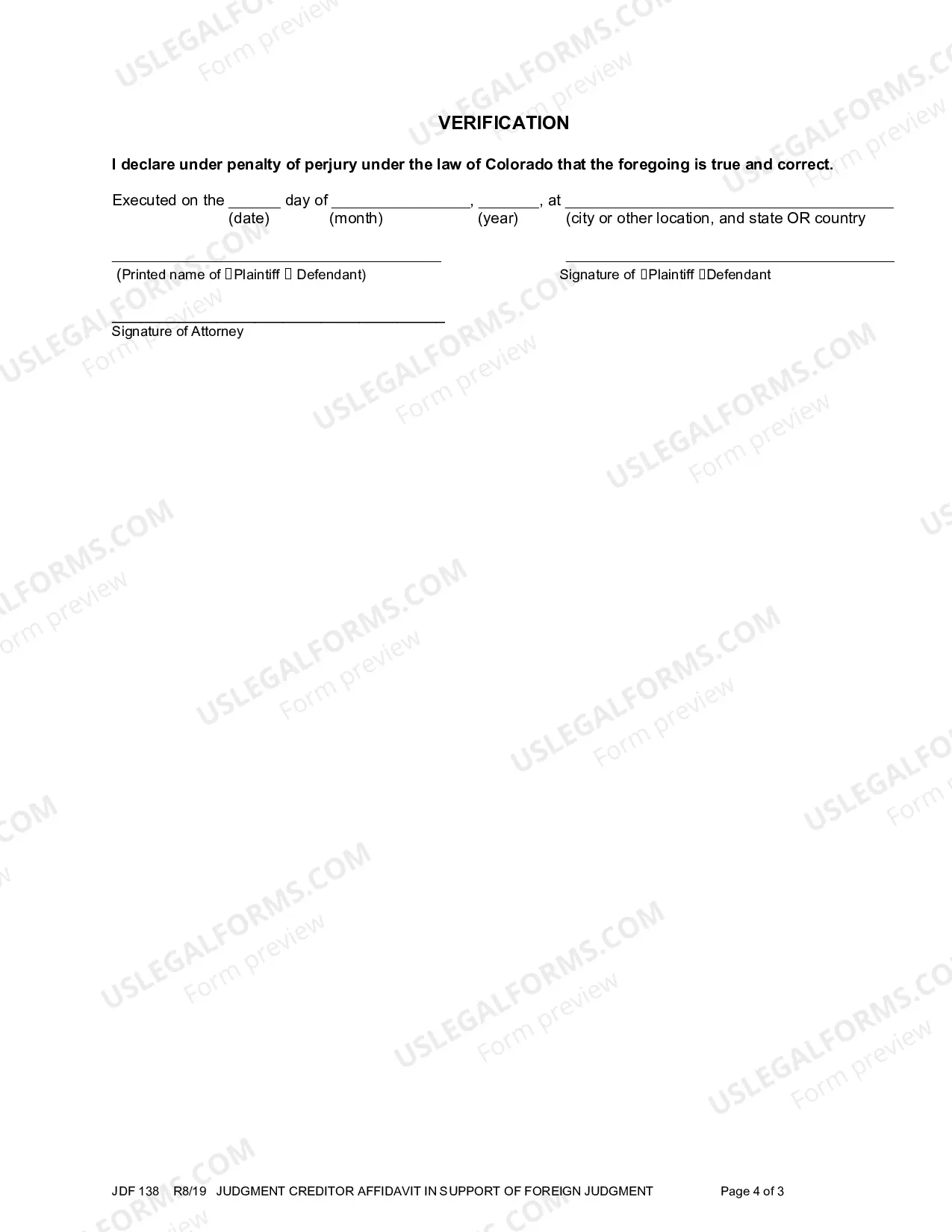 Preview Judgment Creditor Affidavit in Support of Foreign Judgment
