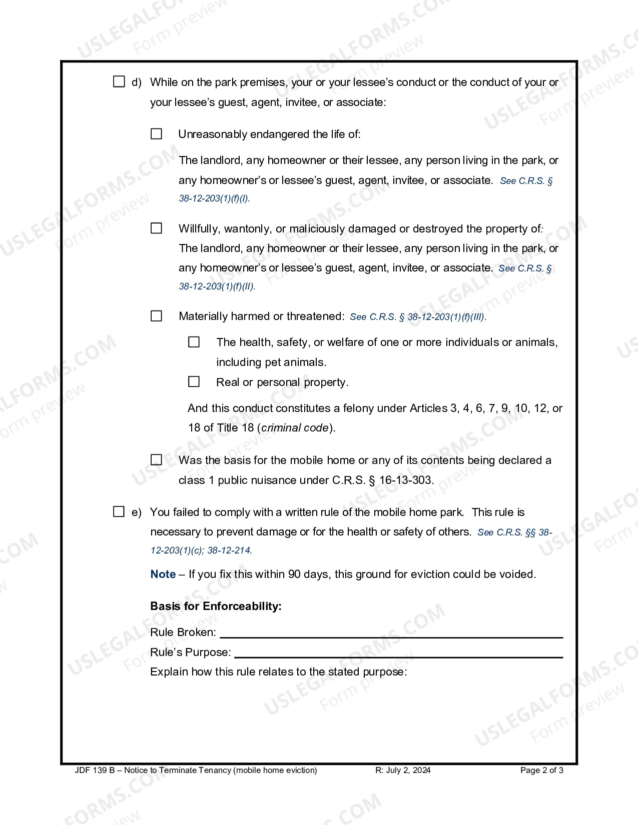 Preview Notice to Terminate Tenancy - Mobile Home Eviction