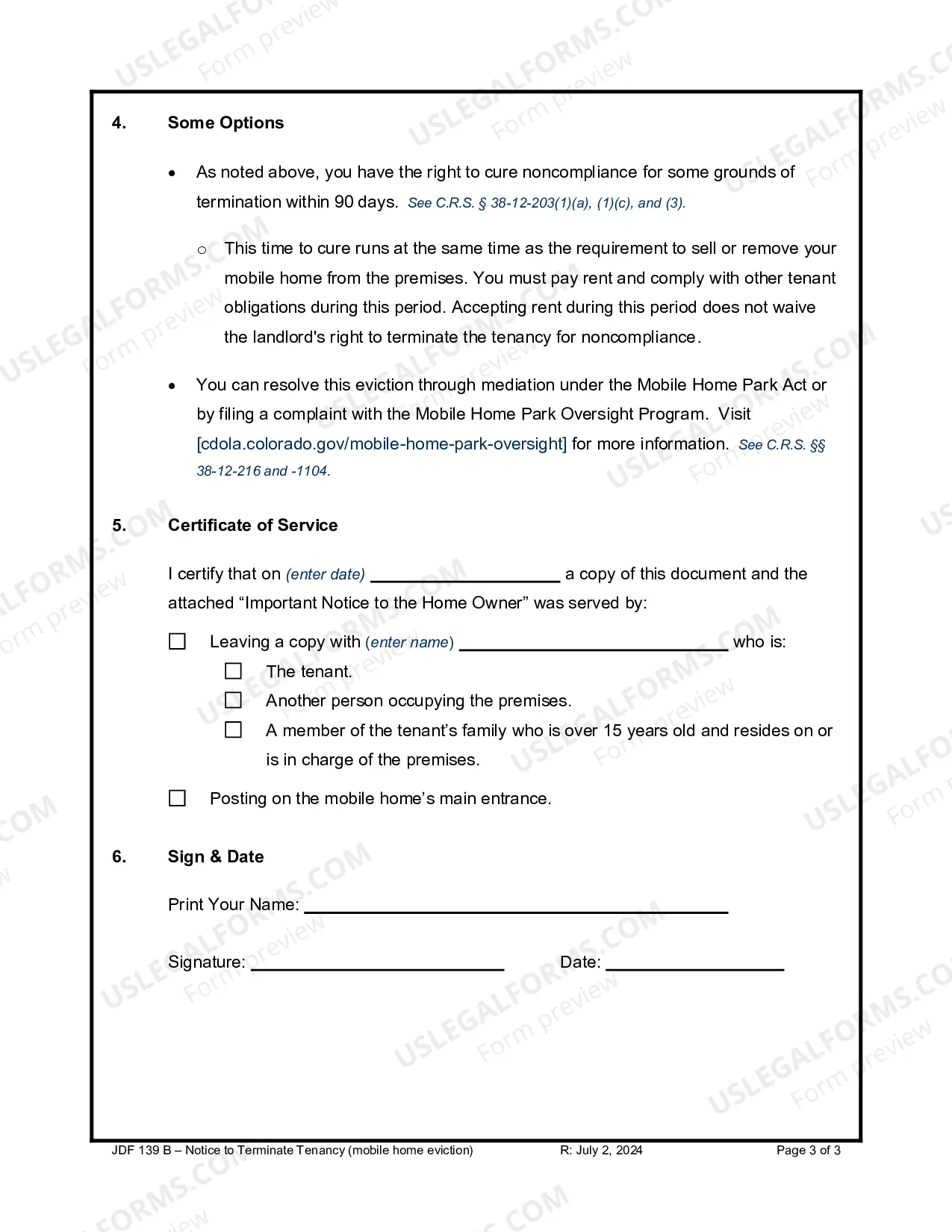 Preview Notice to Terminate Tenancy - Mobile Home Eviction