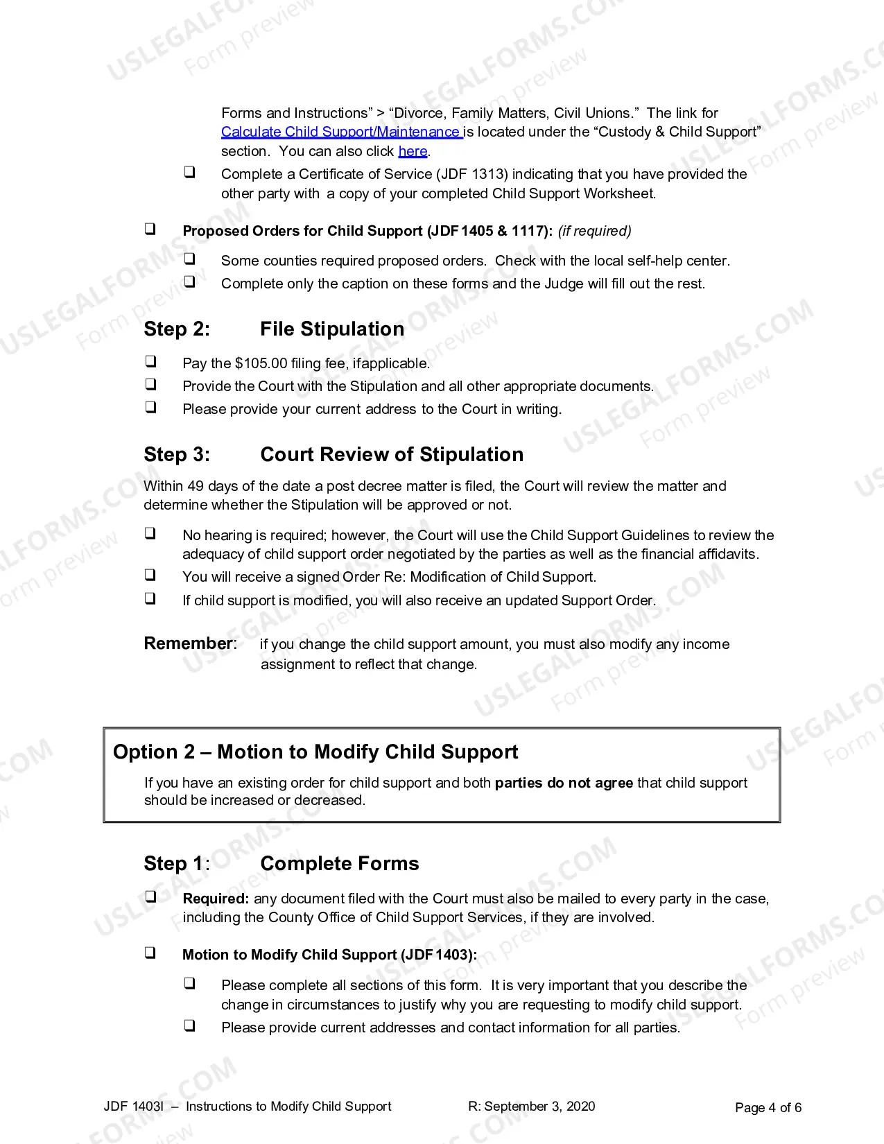 Preview Instructions for Motion for Modification of Child Support