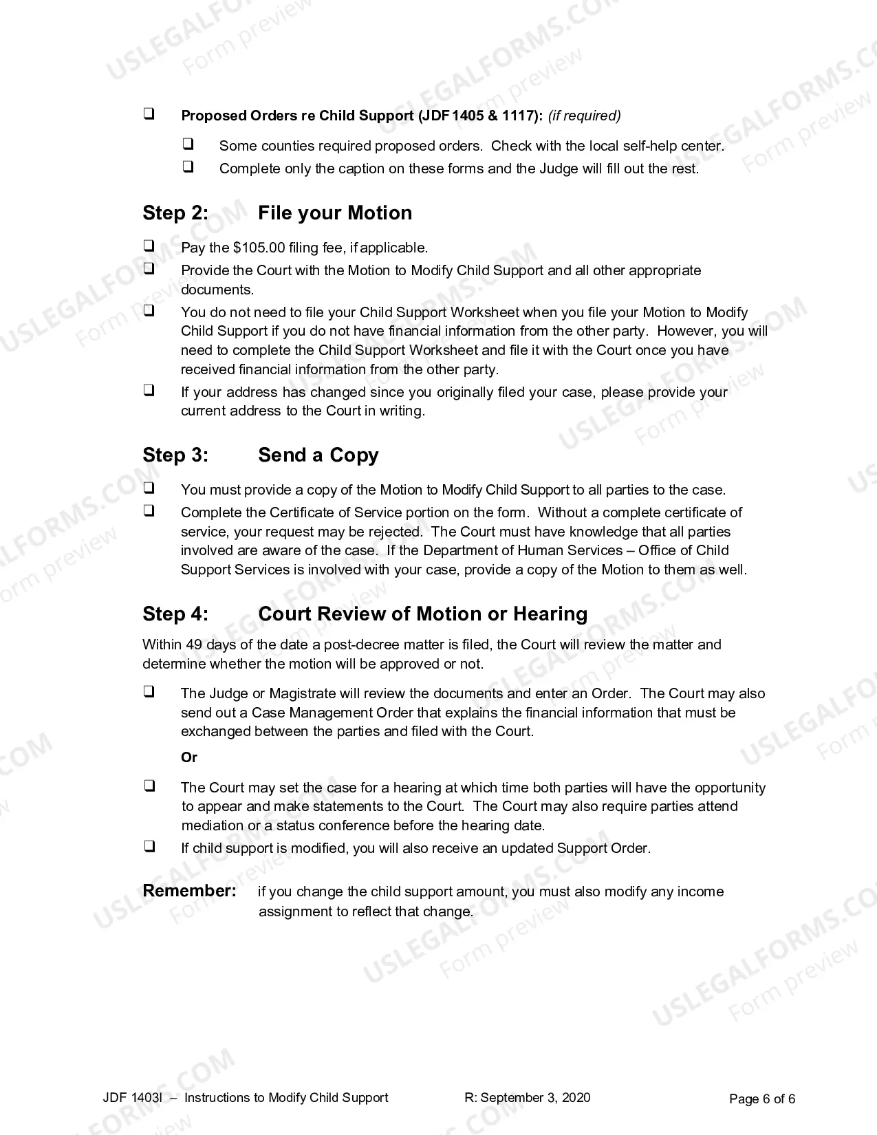 Preview Instructions for Motion for Modification of Child Support