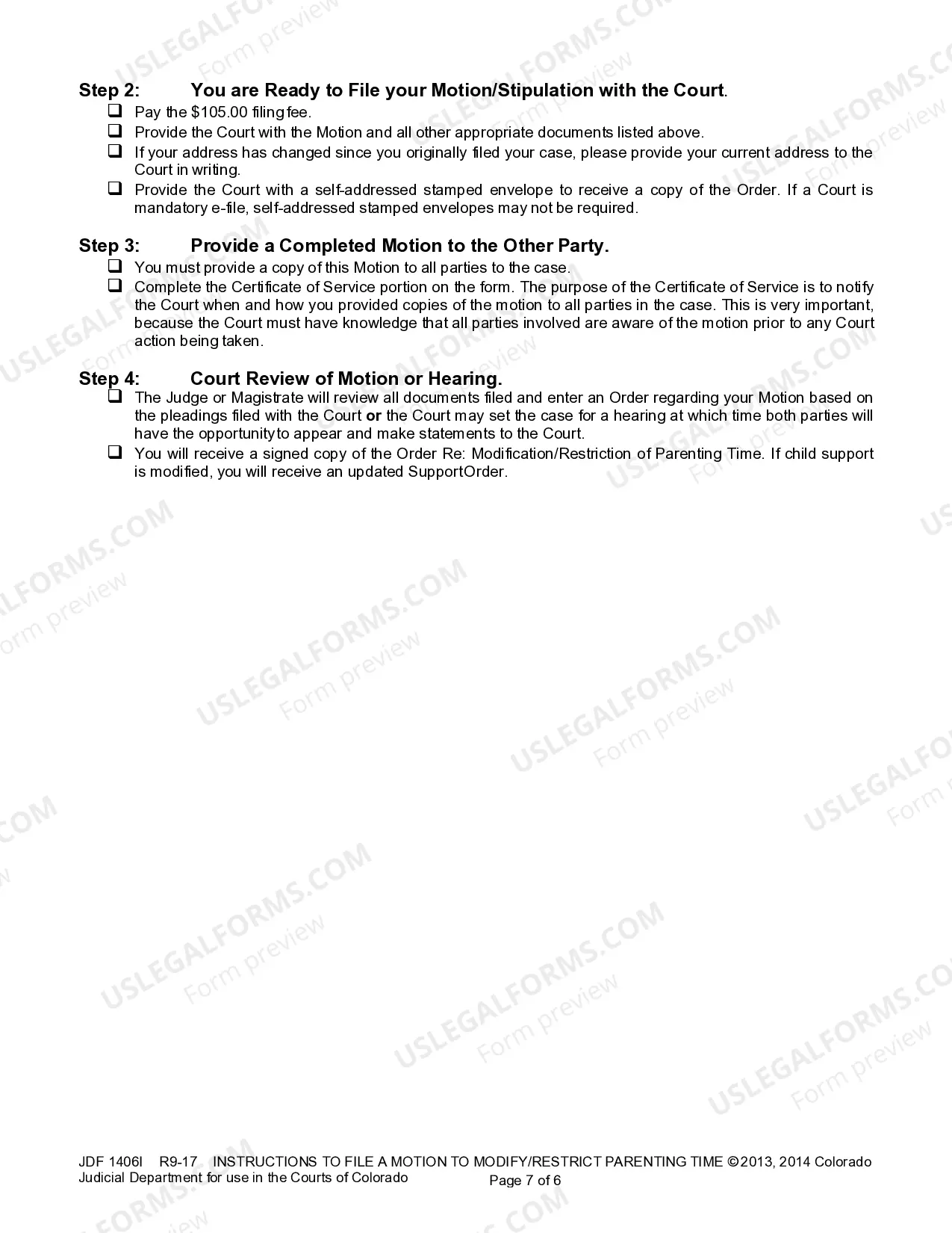 Preview Instructions for Motion to Modify / Restrict Parenting Time