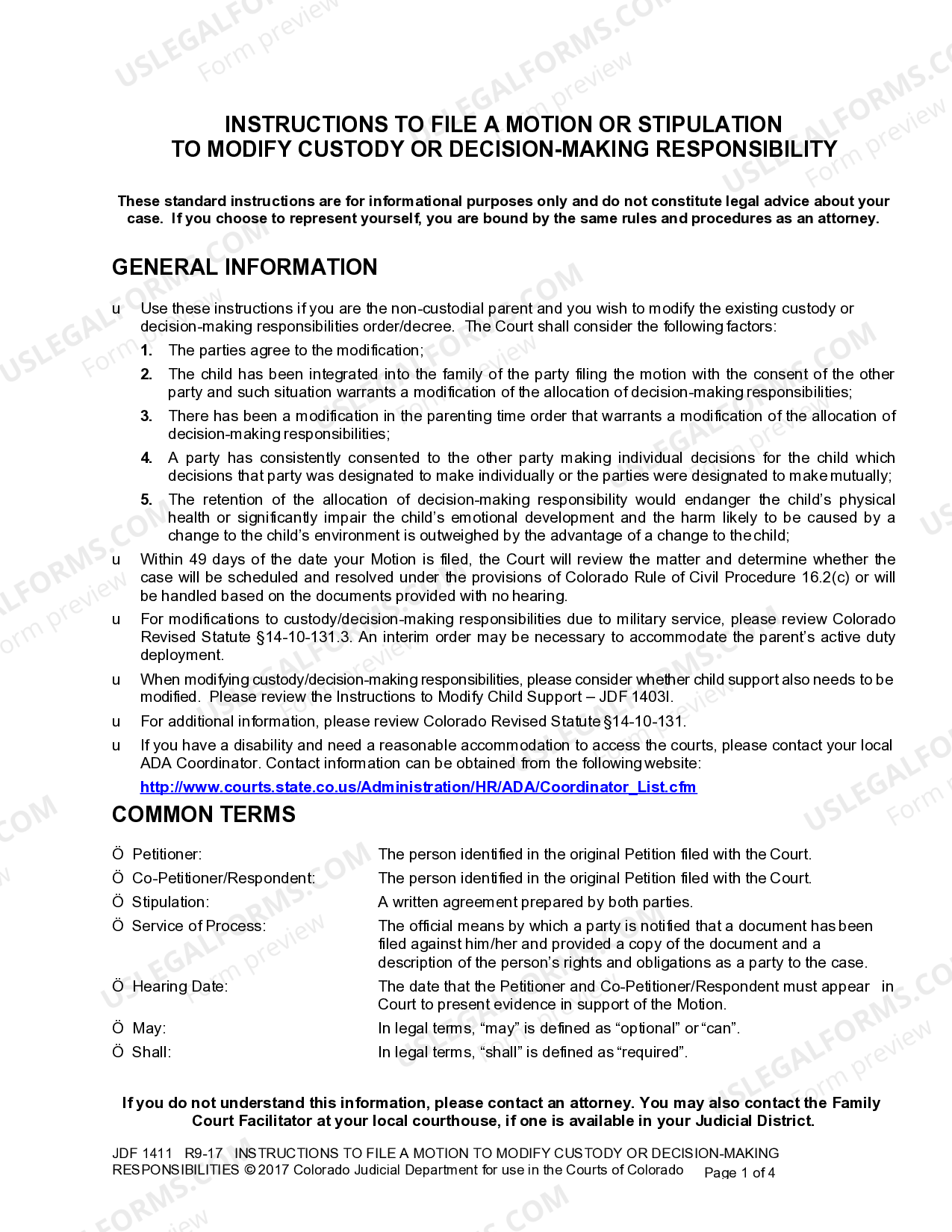Colorado Instructions to File a Motion or Stipulation to Modify Custody